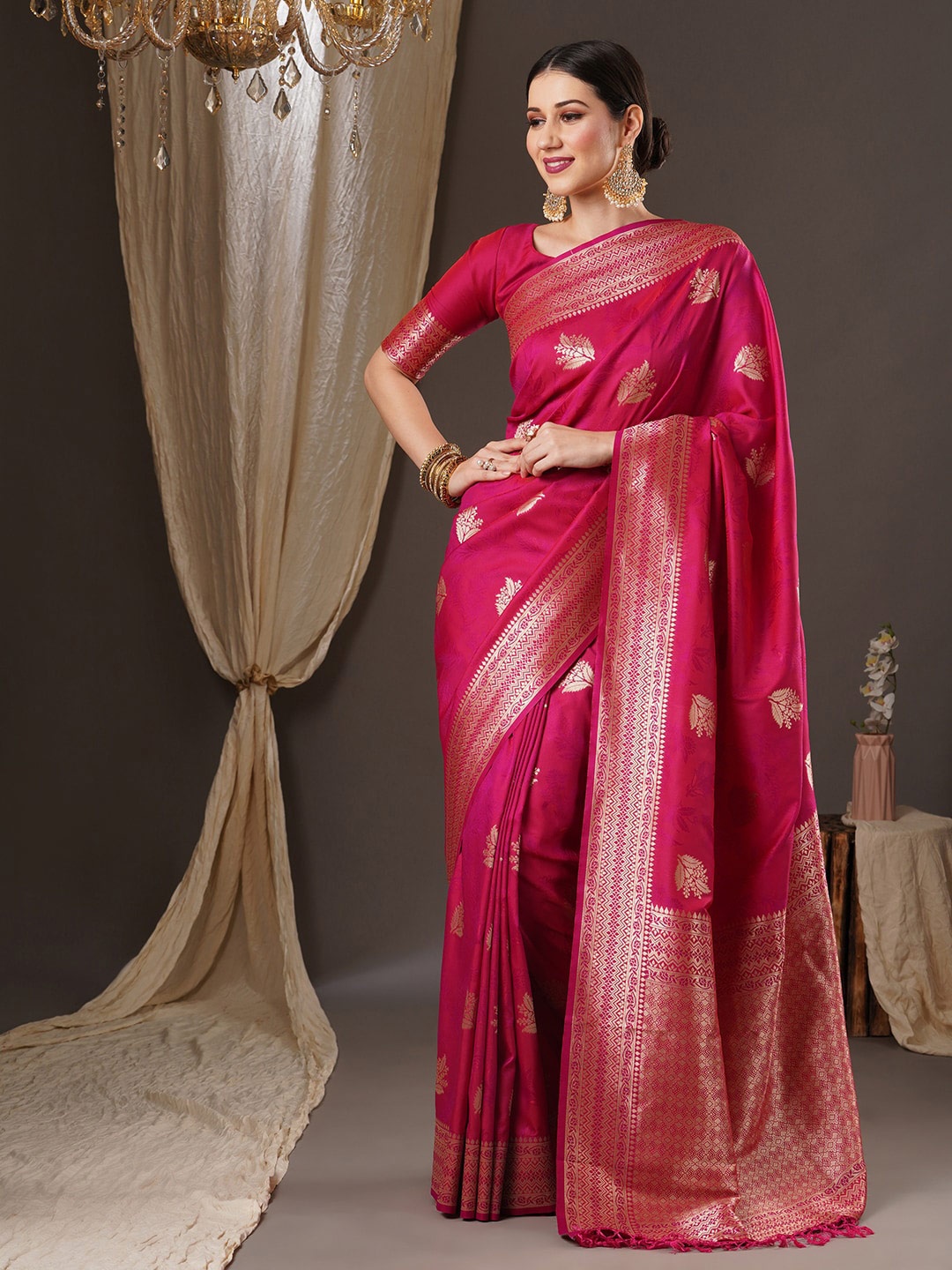 

Anouk Woven Design Zari Silk Blend Banarasi Saree, Pink