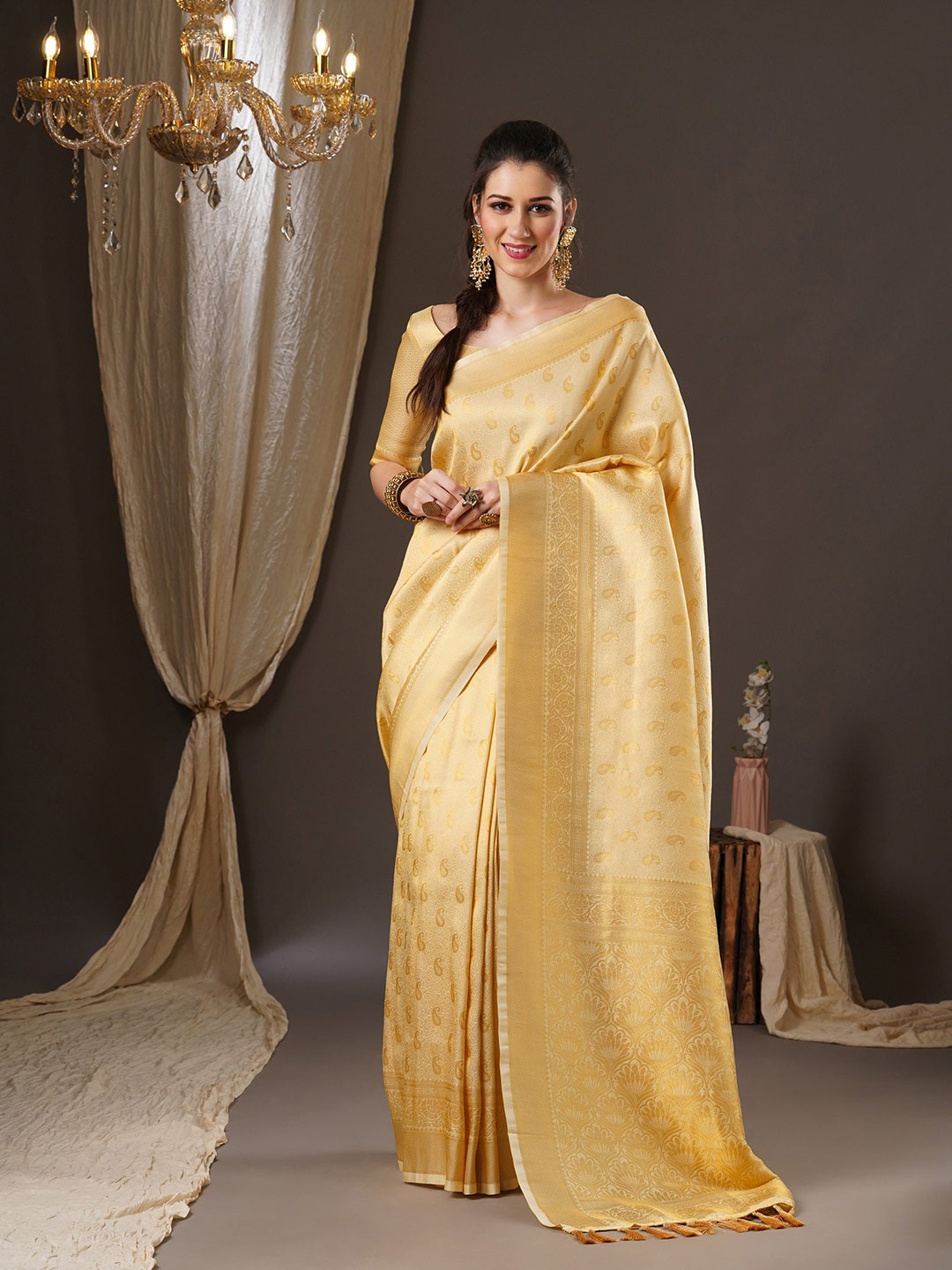 

Anouk Woven Design Zari Pure Georgette Kanjeevaram Saree, Cream