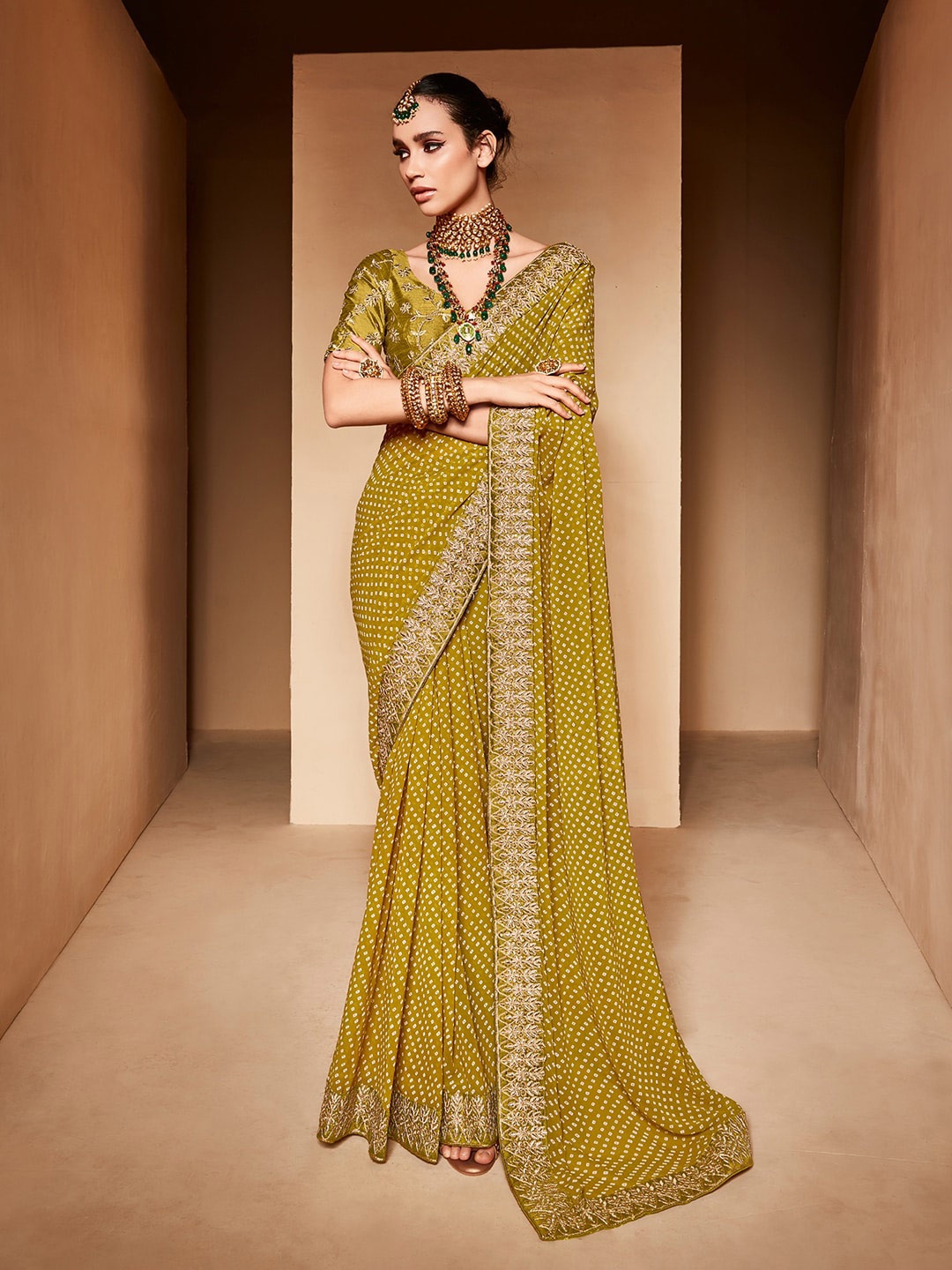 

Anouk Olive Bandhani Embroidered Pure Georgette Bandhani Saree