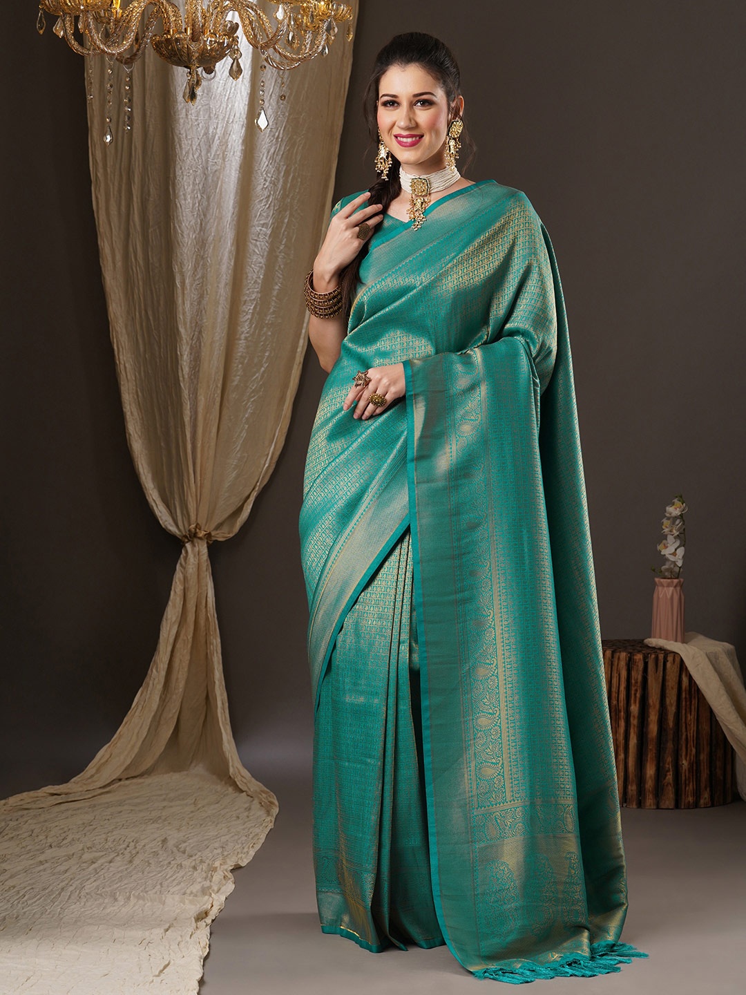 

Anouk Ethnic Motifs Zari Pure Georgette Kanjeevaram Saree, Blue