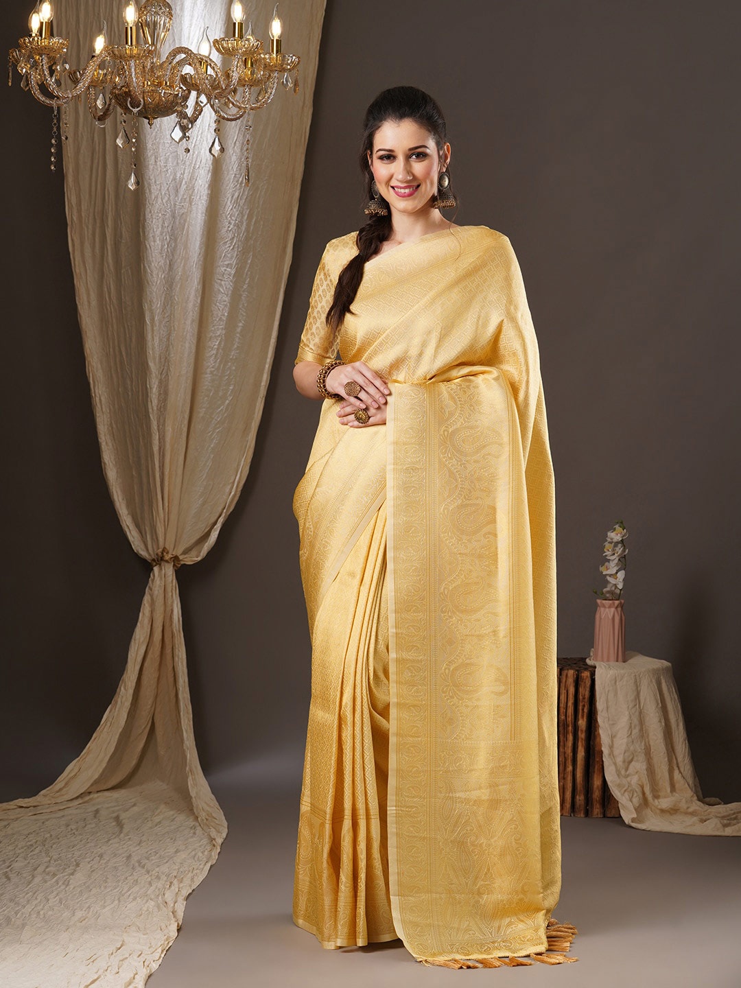 

Anouk Ethnic Motifs Zari Pure Georgette Kanjeevaram Saree, Cream