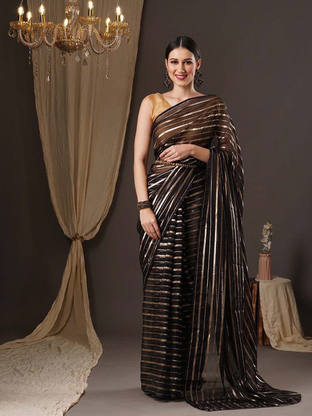 

Anouk Striped Leheriya Saree, Black