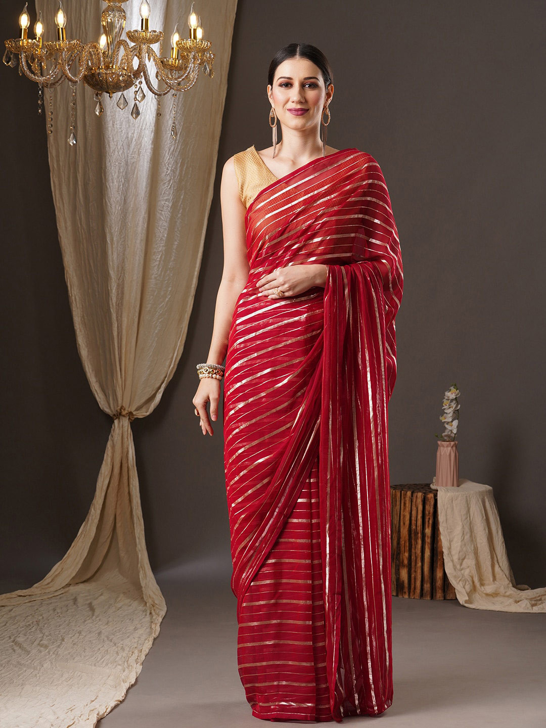 

Anouk Striped Leheriya Saree, Red