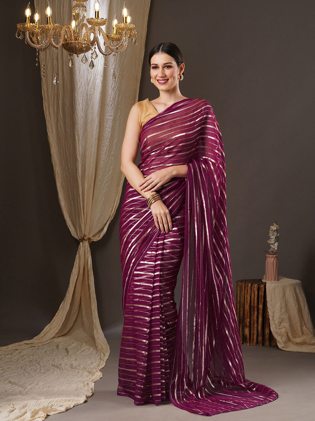 

Anouk Striped Leheriya Saree, Magenta