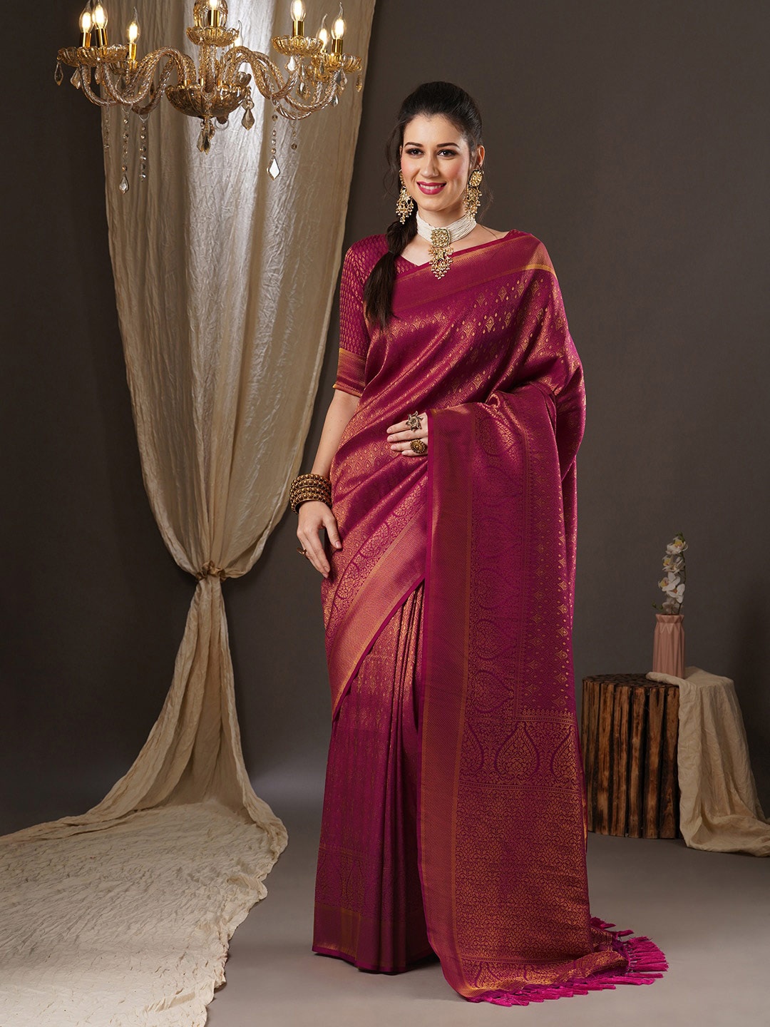 

Anouk Ethnic Motifs Zari Pure Georgette Kanjeevaram Saree, Pink