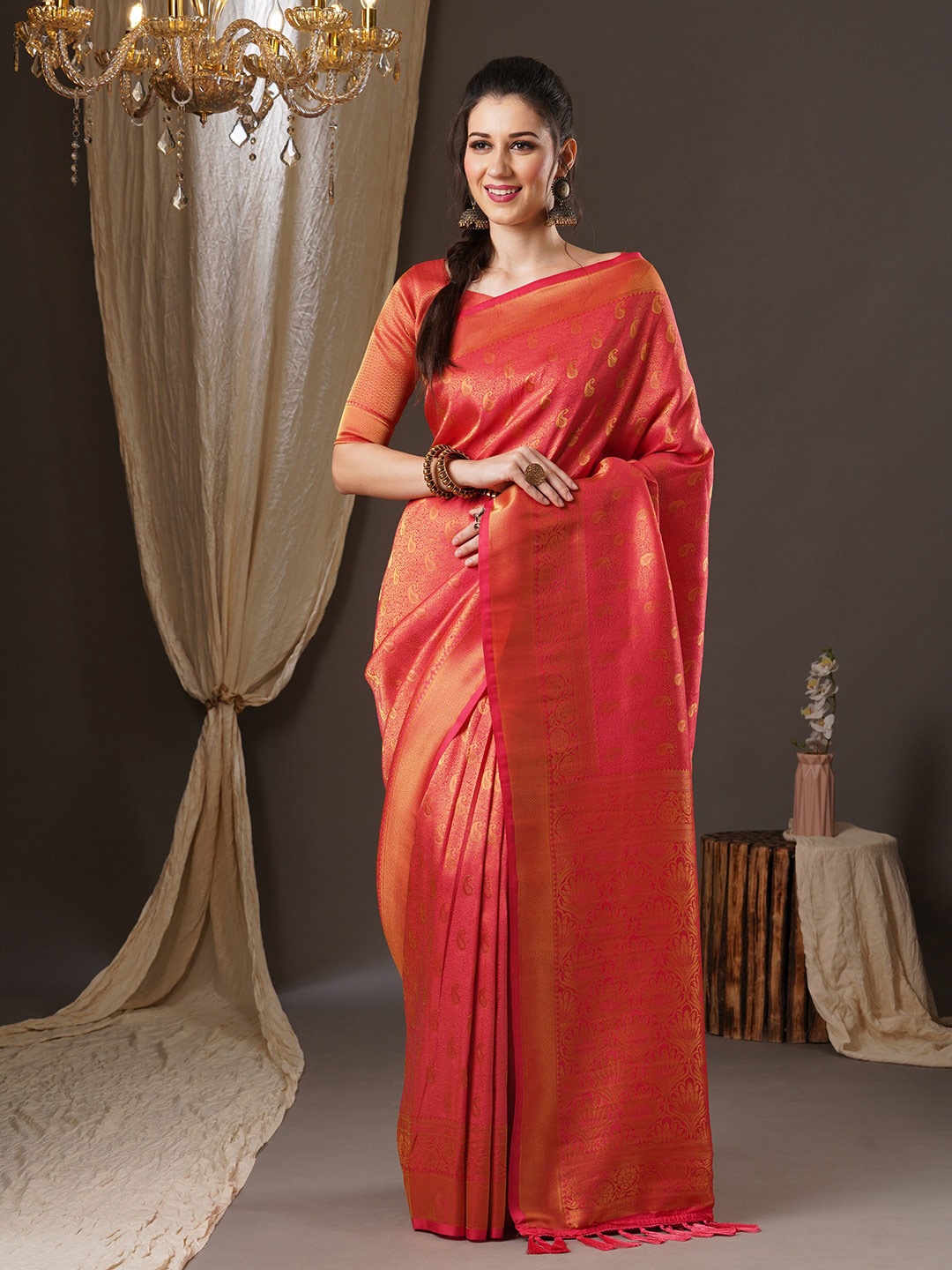 

Anouk Woven Design Zari Pure Georgette Kanjeevaram Saree, Pink