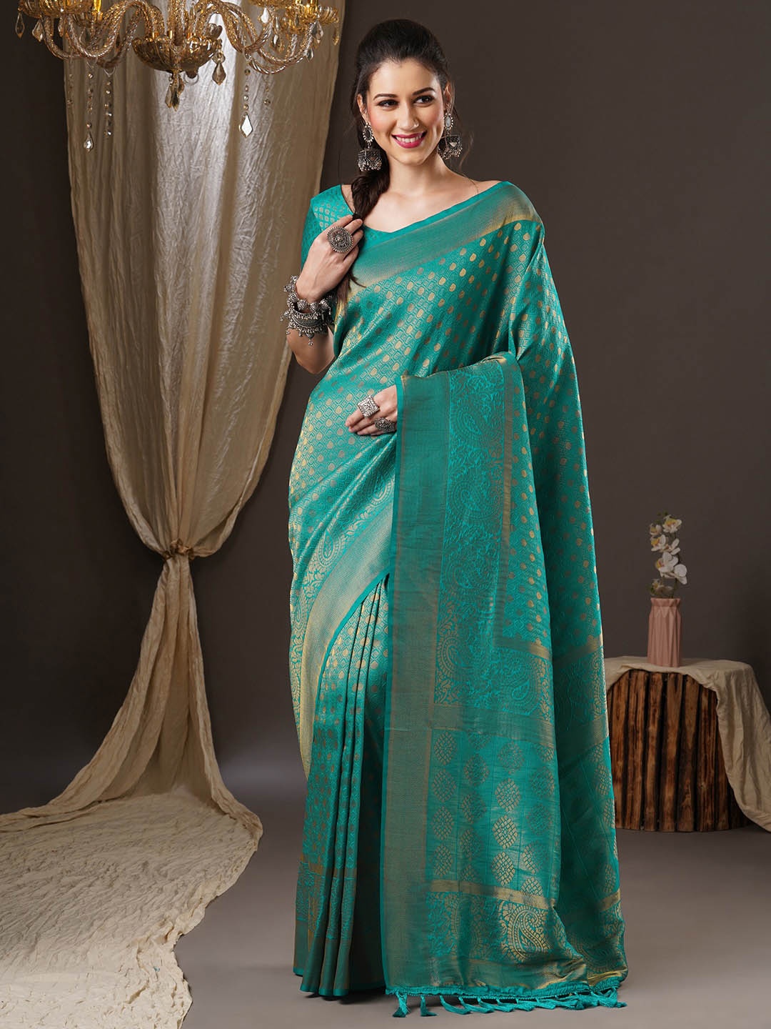 

Anouk Ethnic Motifs Zari Pure Georgette Kanjeevaram Saree, Teal