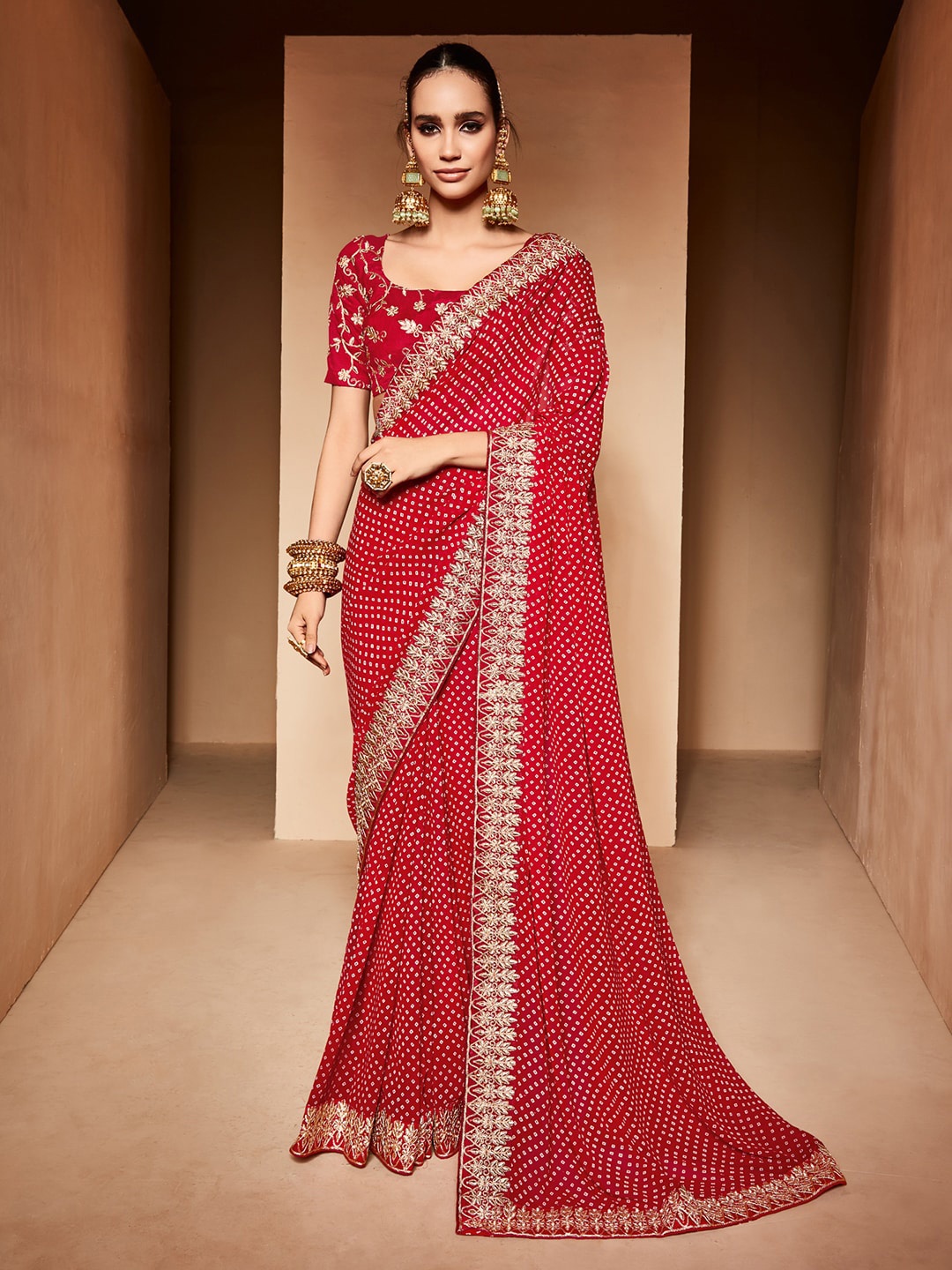 

Anouk Bandhani Embroidered Pure Georgette Bandhani Saree, Red