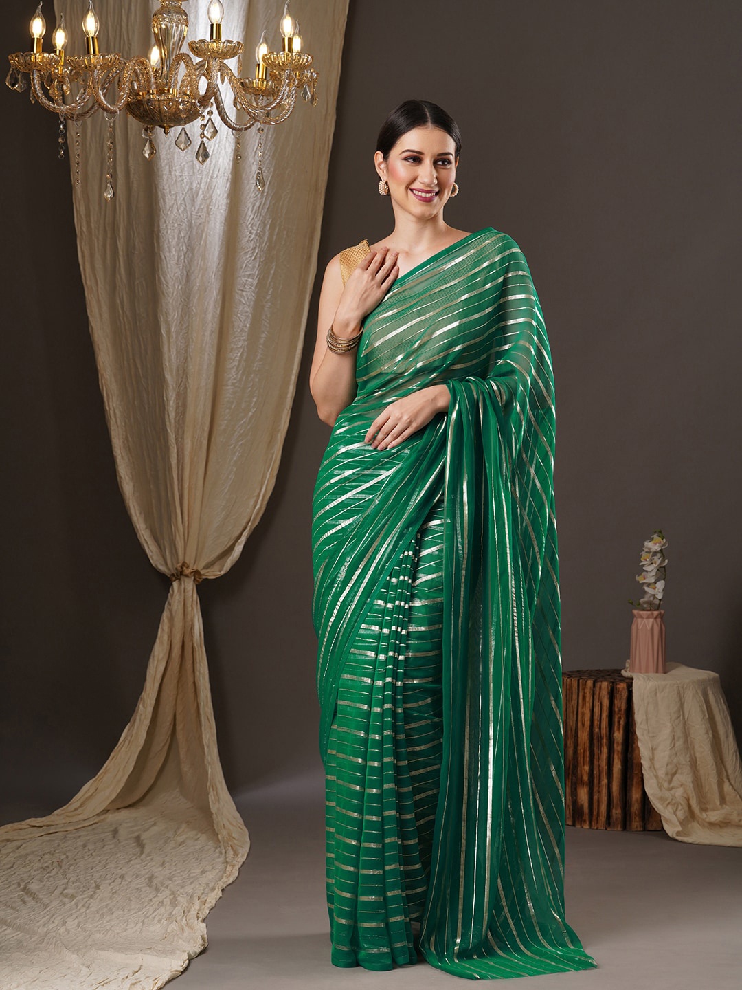 

Anouk Striped Zari Leheriya Saree, Green