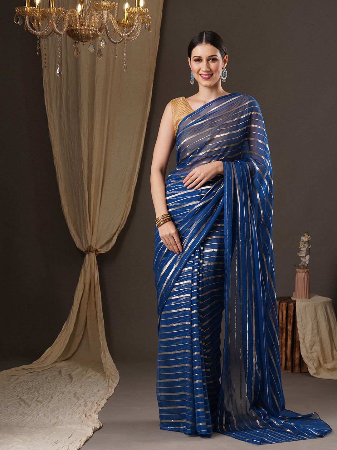 

Anouk Striped Zari Leheriya Saree, Blue