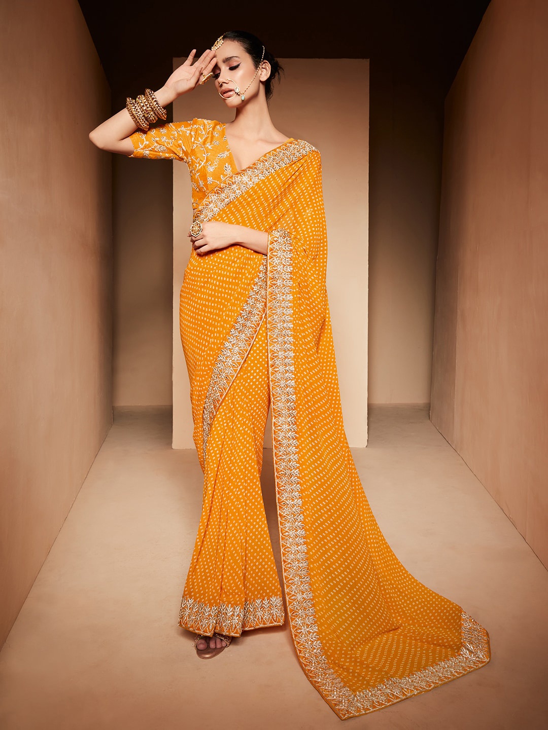 

Anouk Bandhani Embroidered Pure Georgette Bandhani Saree, Yellow