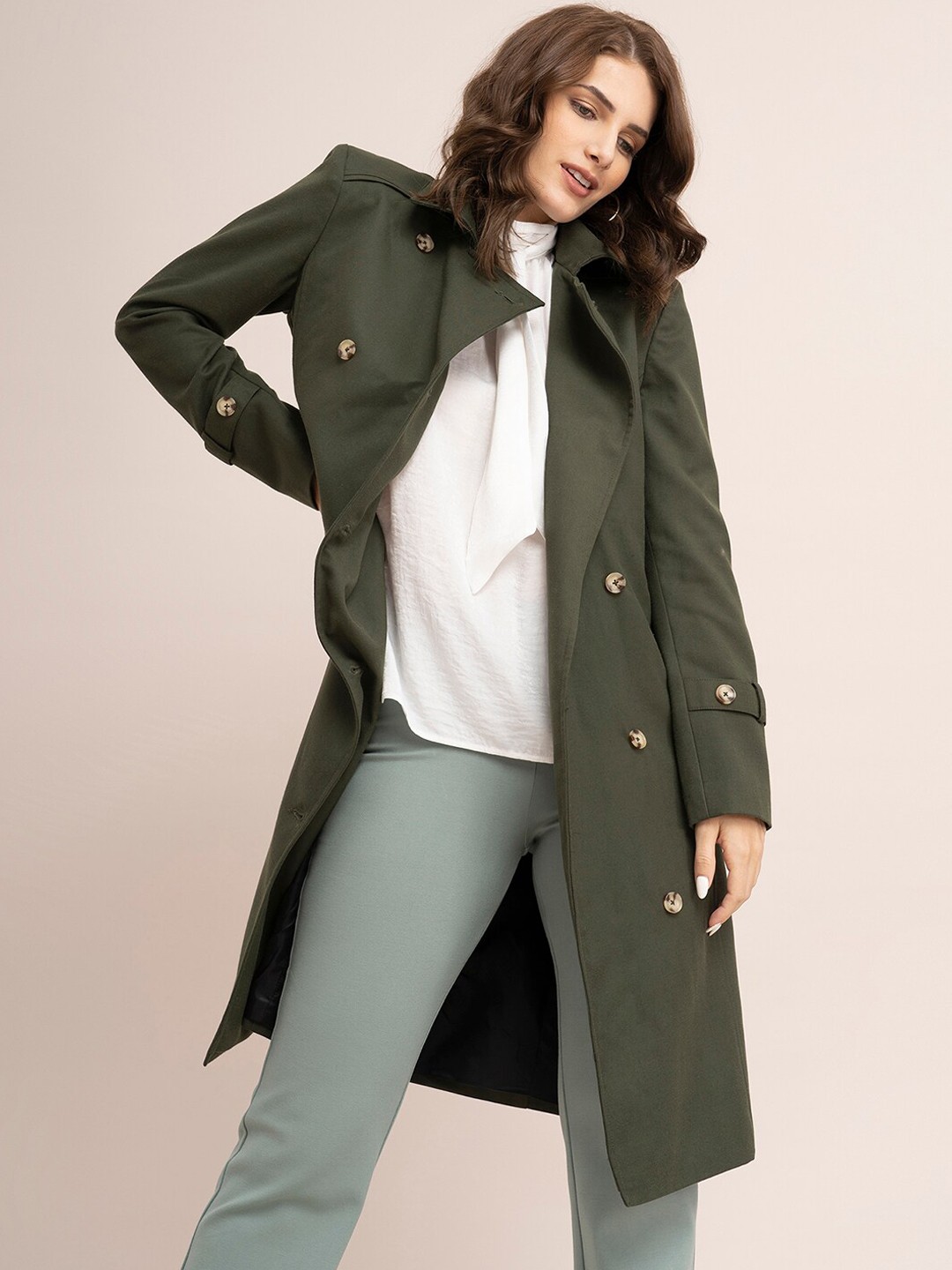 

FableStreet Women Double Breasted Longline Trench Coat, Olive
