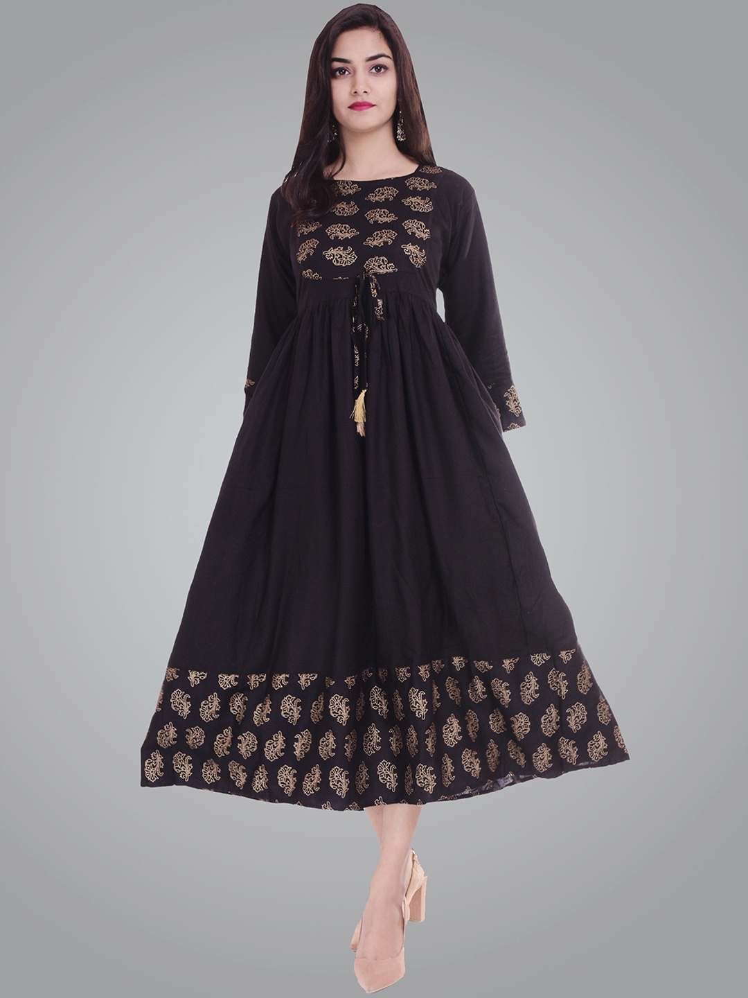 

METRO-FASHION Women Ethnic Motifs Yoke Design Indie Prints Anarkali Kurta, Black