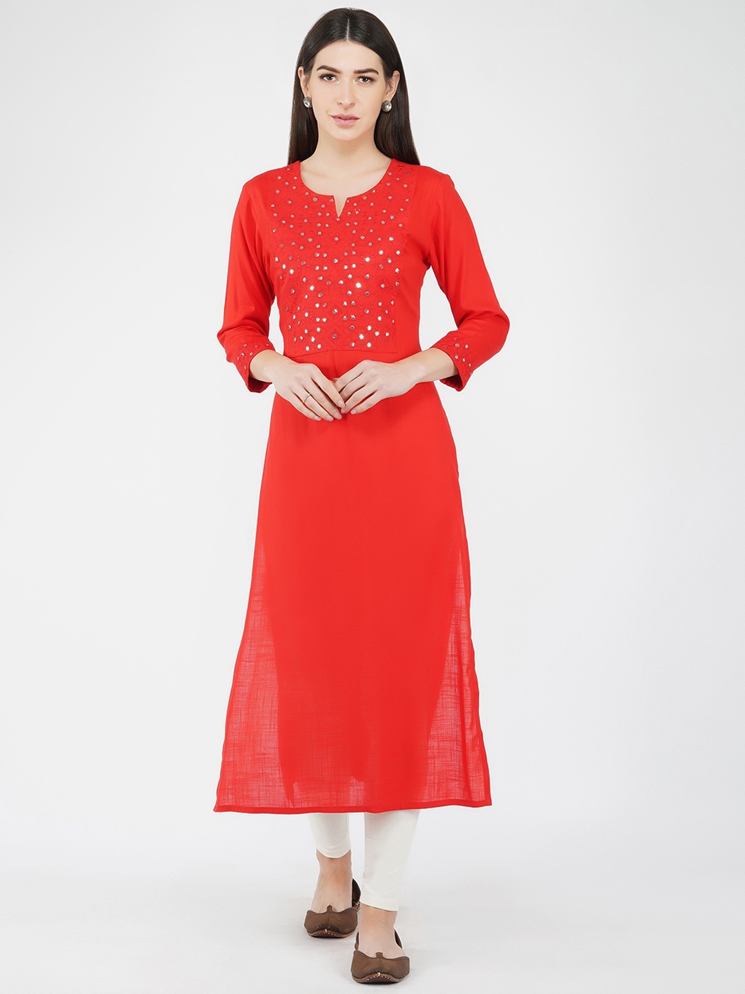

METRO-FASHION Women Embroidered Mirror Work Kurta, Red