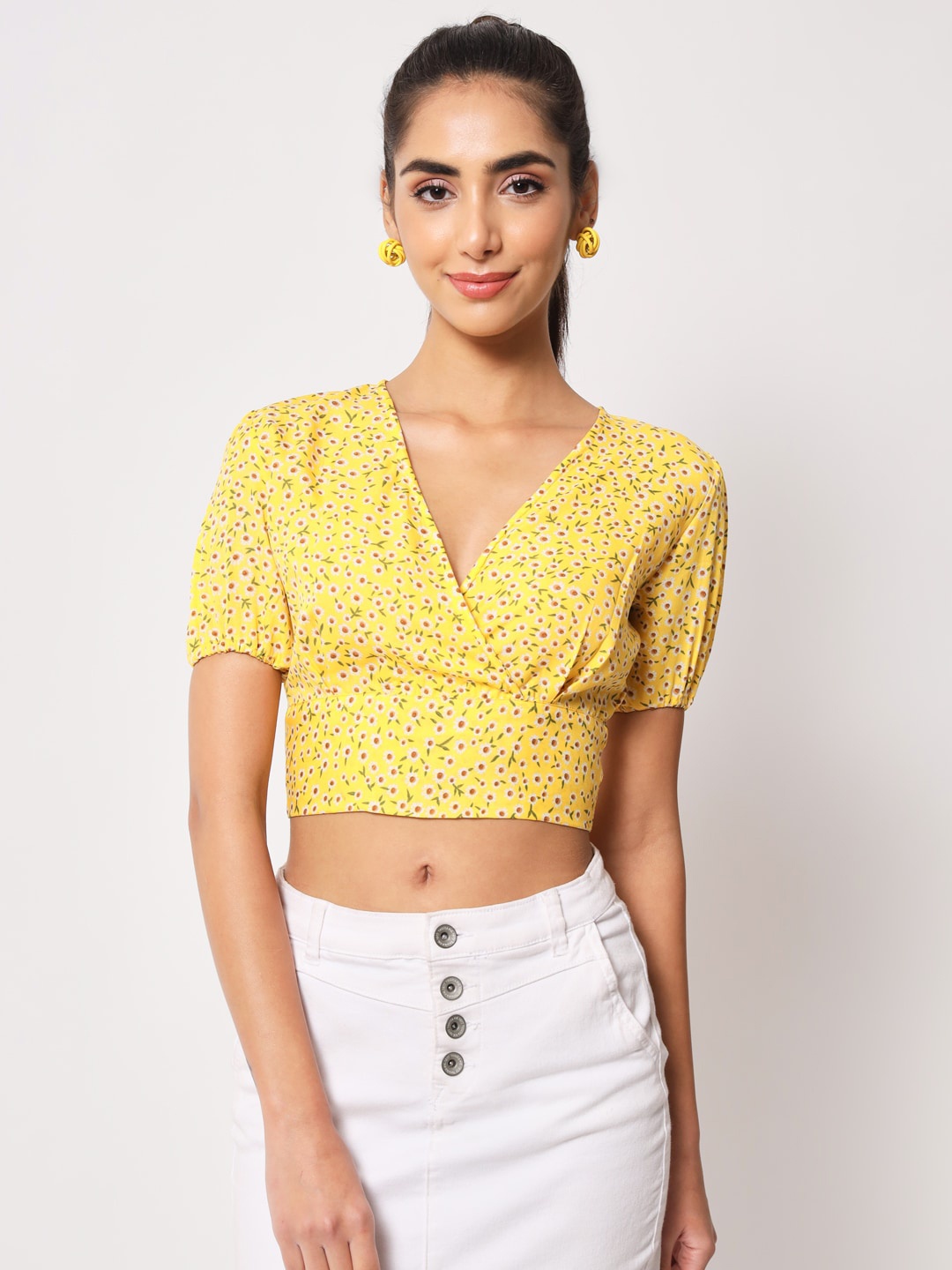 

Womenster Floral Print Crepe Wrap Crop Top, Yellow