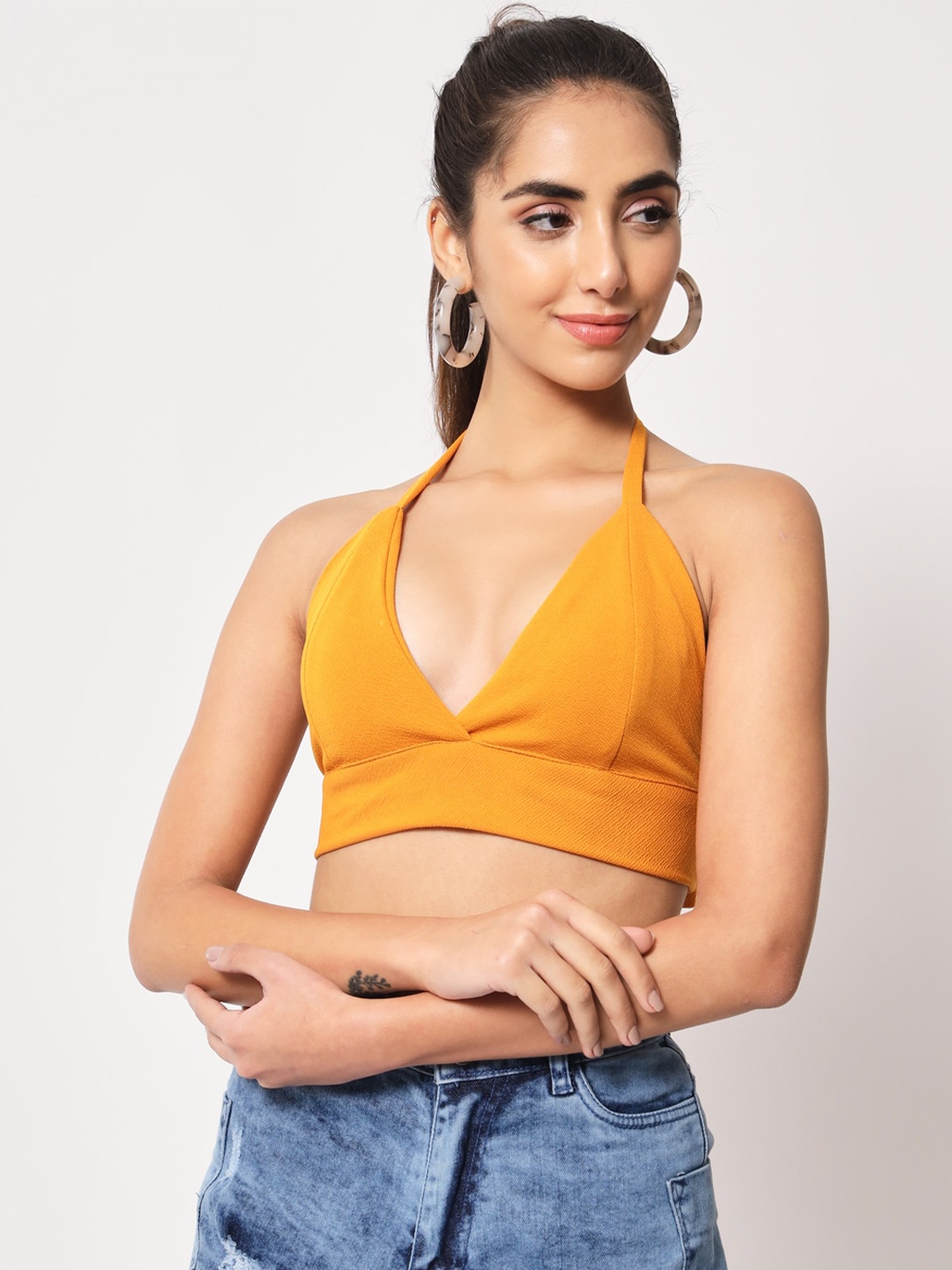 

Womenster Tie-Up Neck Crepe Bralette Crop Top, Mustard