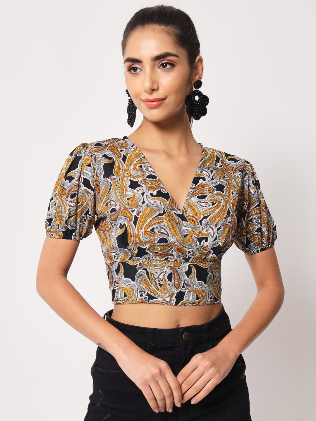 

Womenster Print Crepe Wrap Crop Top, Black