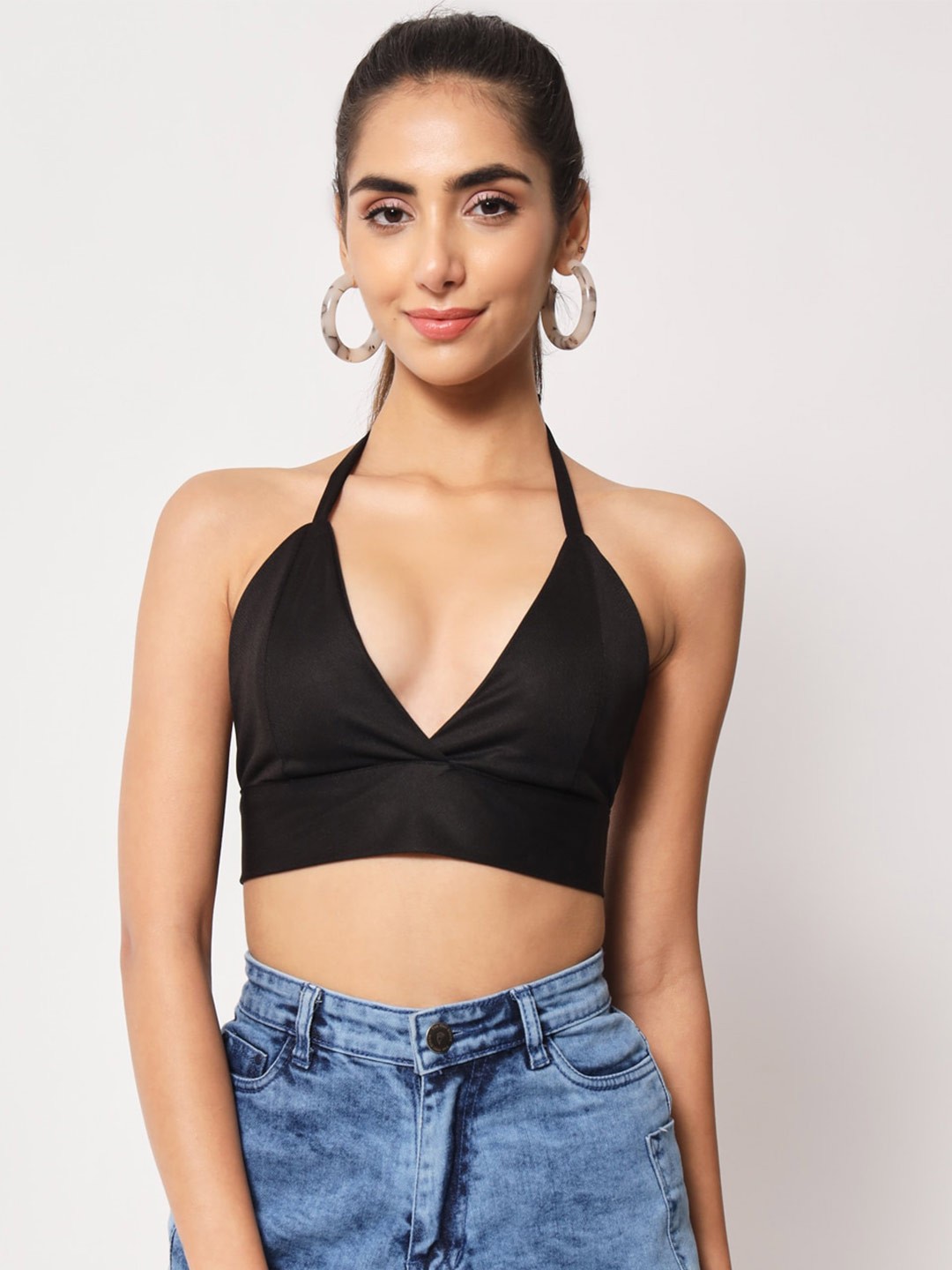 

Womenster Tie-Up Neck Crepe Bralette Crop Top, Black