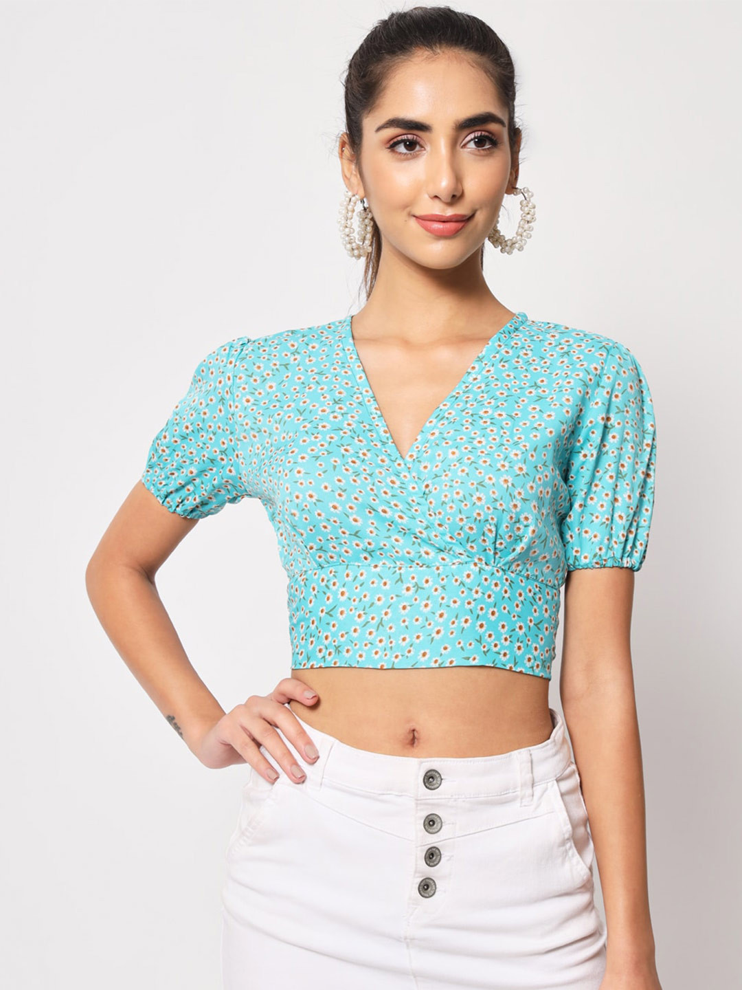 

Womenster Floral Crepe Crop Top, Turquoise blue