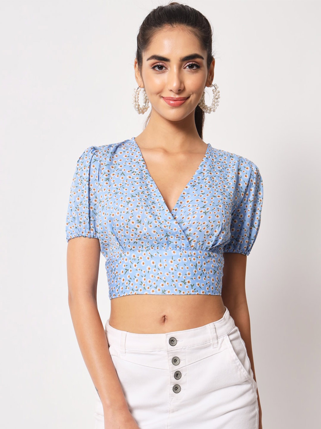 

Womenster Floral Print Crepe Wrap Crop Top, Blue
