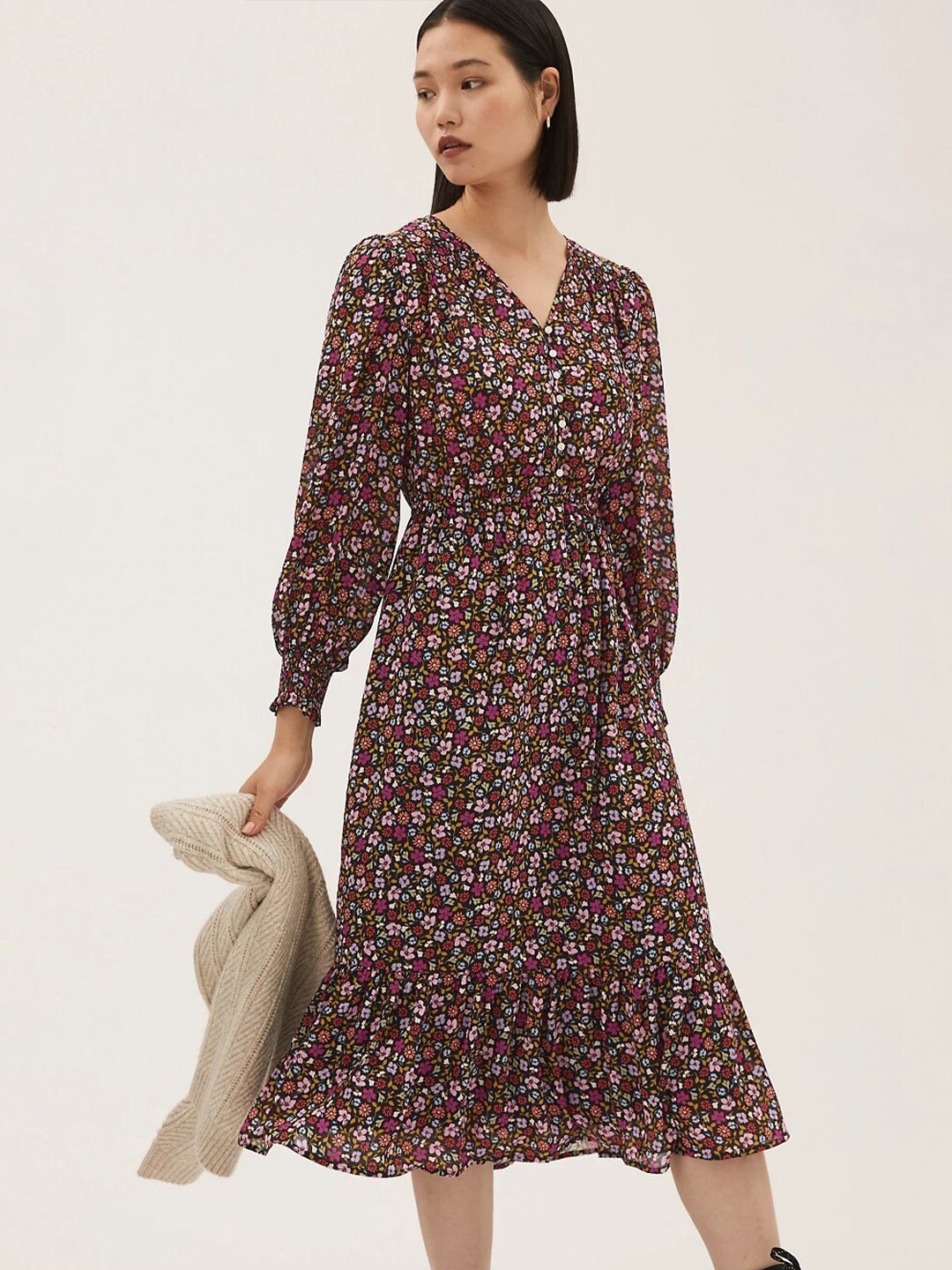 

Marks & Spencer Floral A-Line Midi Dress, Black