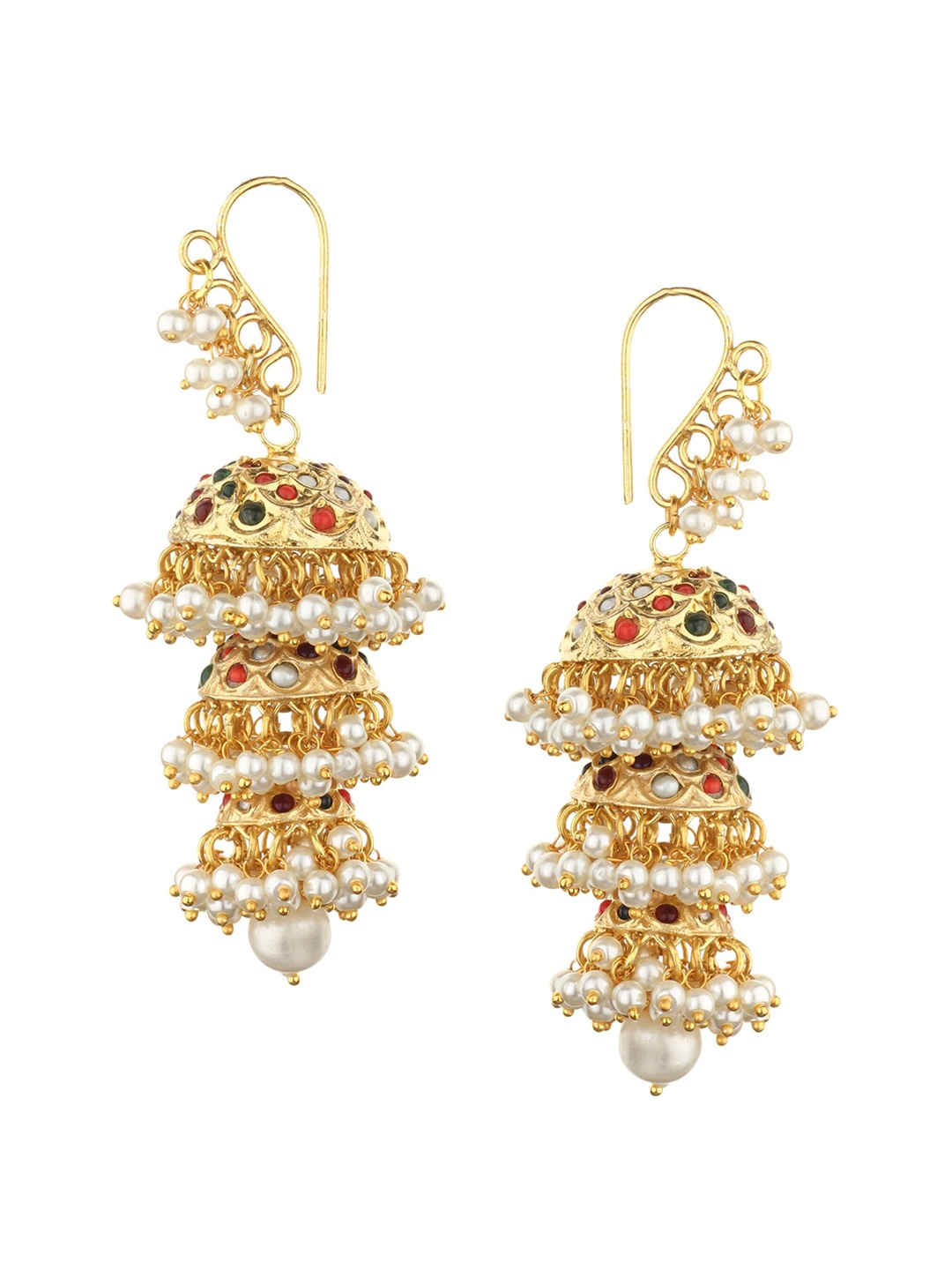 

Runjhun Gold-Plated Triple Kundan Contemporary Jhumkas Earrings