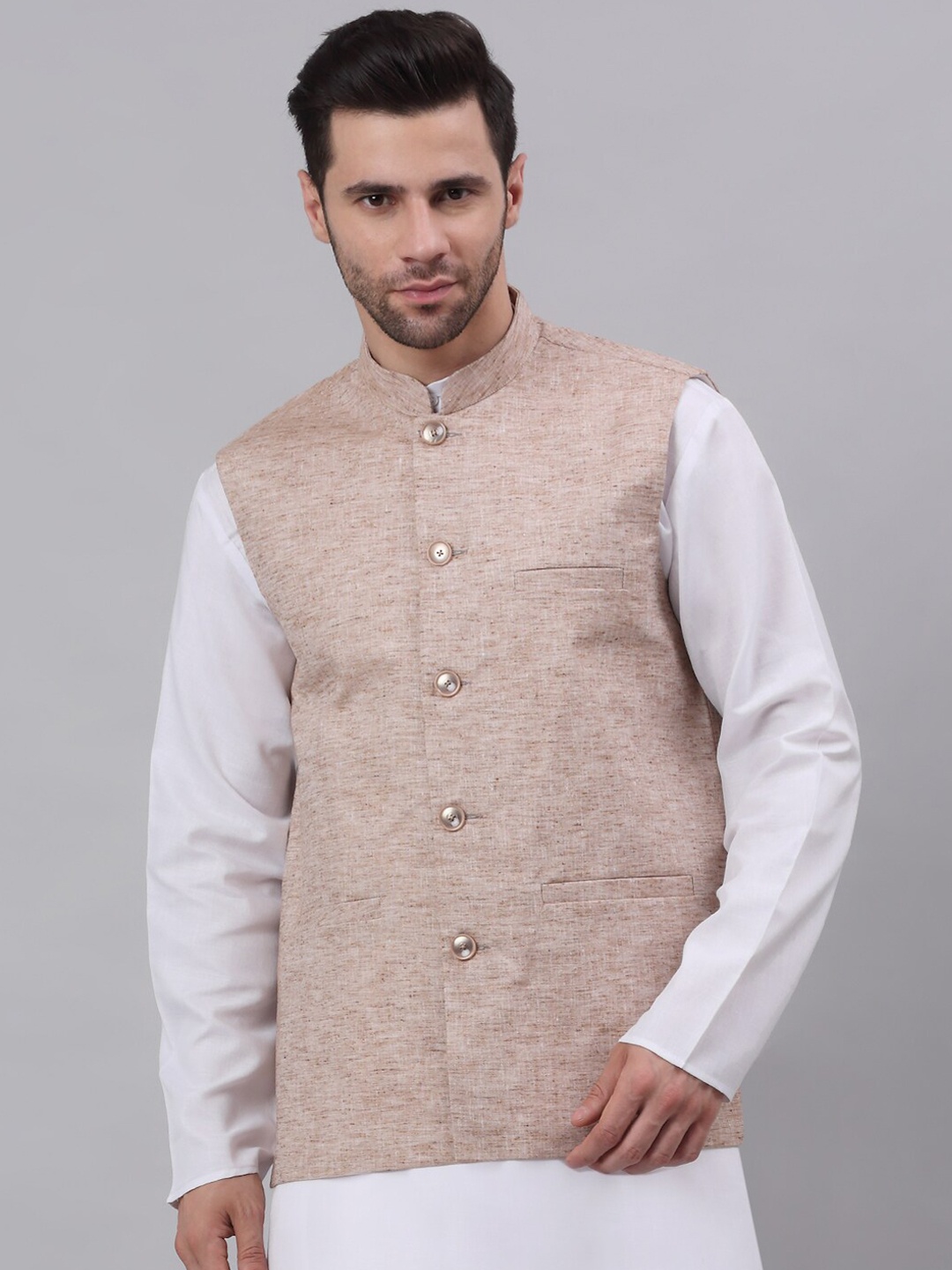 

NEUDIS Men Solid Cotton Linen Nehru Jacket, Brown