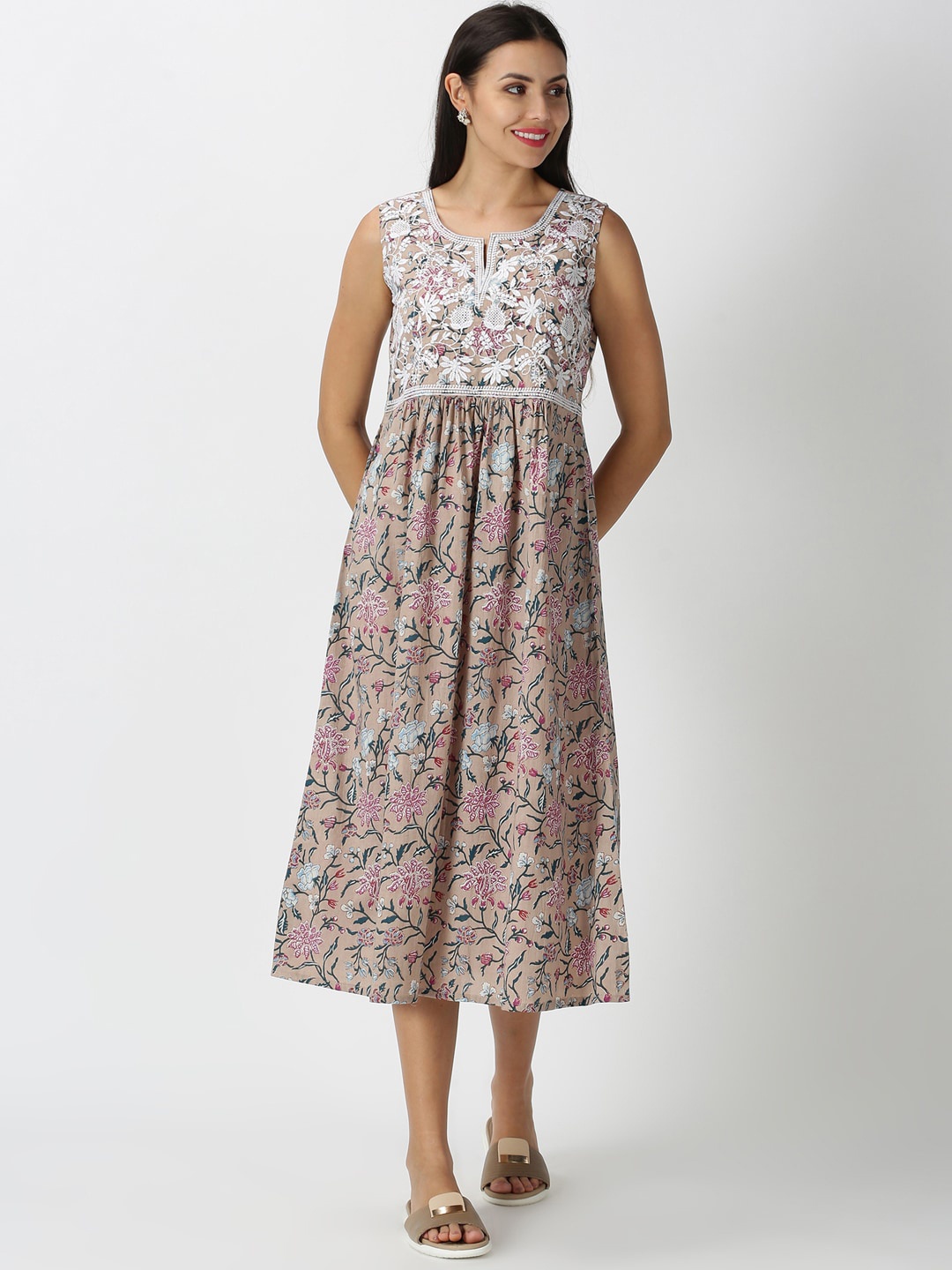 

Saffron Threads Cotton Floral Print Empire Midi Dress With Chikankari Detail, Peach