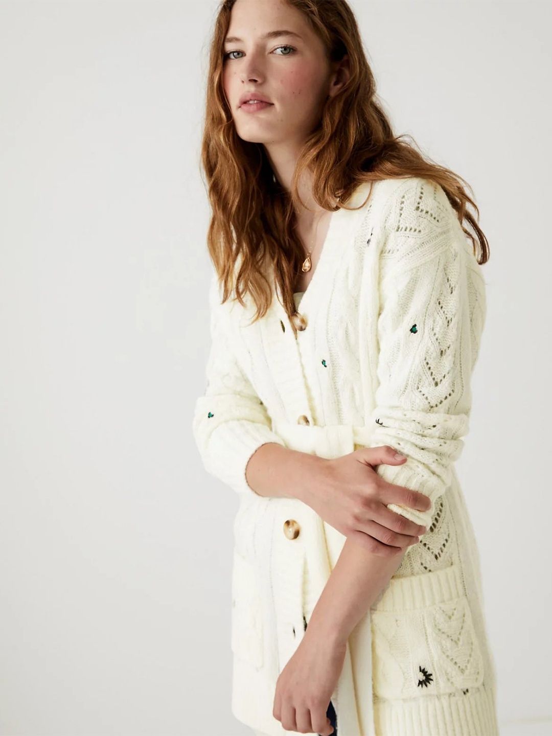 

Marks & Spencer Women Cable Knit Longline Cardigan, White