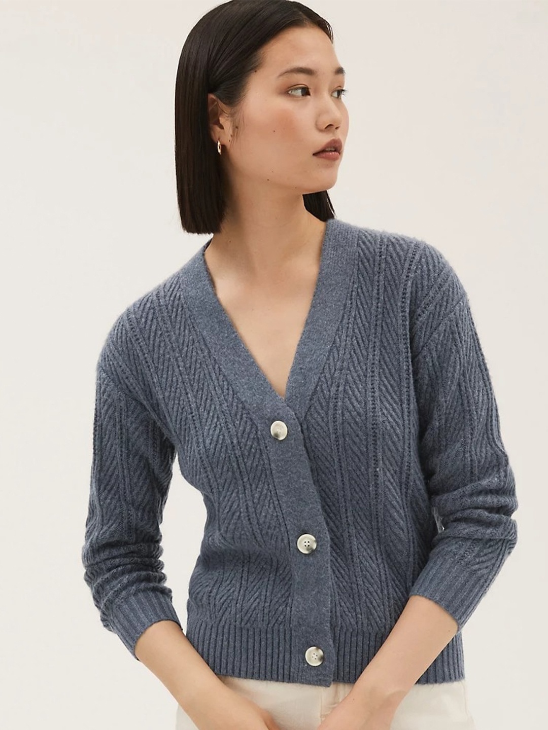

Marks & Spencer Women Blue & White Cable Knit Cardigan