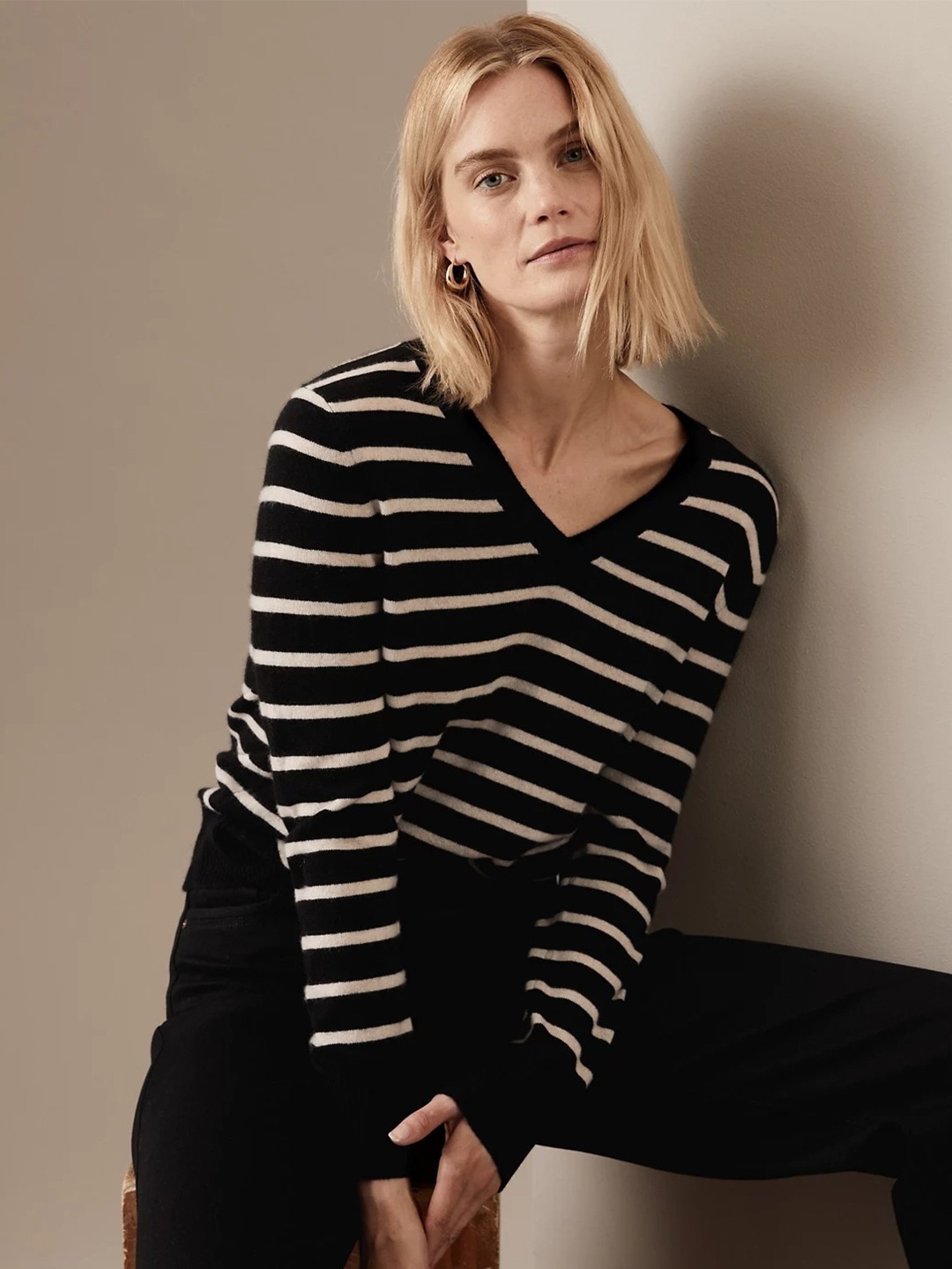 

Marks & Spencer Women Striped Cashmere Pullover Sweater, Black