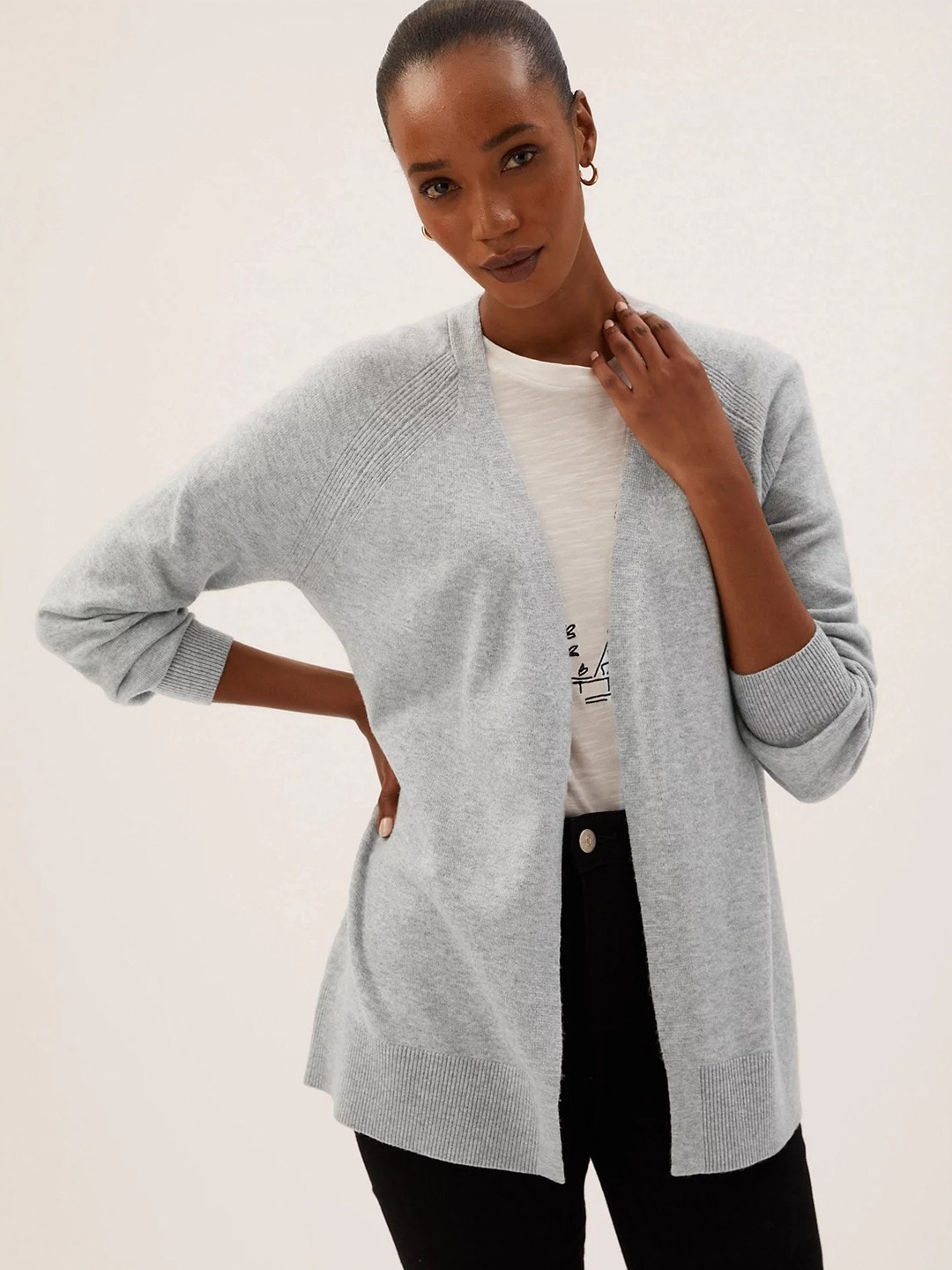 

Marks & Spencer Women Long Sleeves Front-Open Sweater, Grey