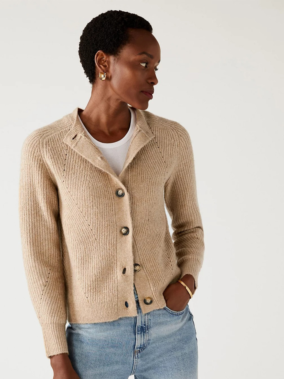 

Marks & Spencer Women Ribbed Cardigan Sweater, Camel brown