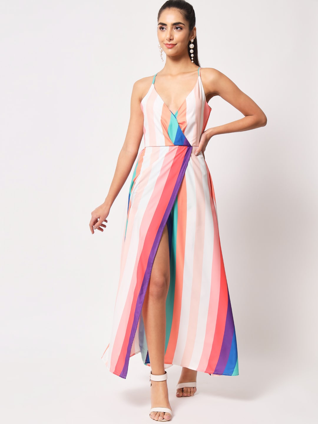 

Womenster Striped Shoulder Strap Maxi Dress, Cream