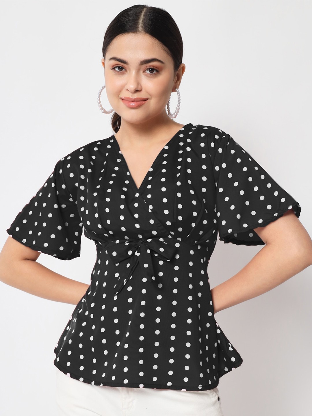 

Womenster Print Crepe Cinched Waist Top, Black