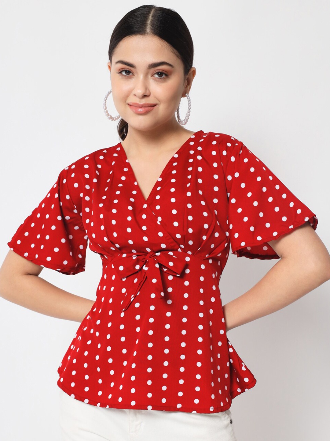 

Womenster Print Crepe Cinched Waist Top, Red
