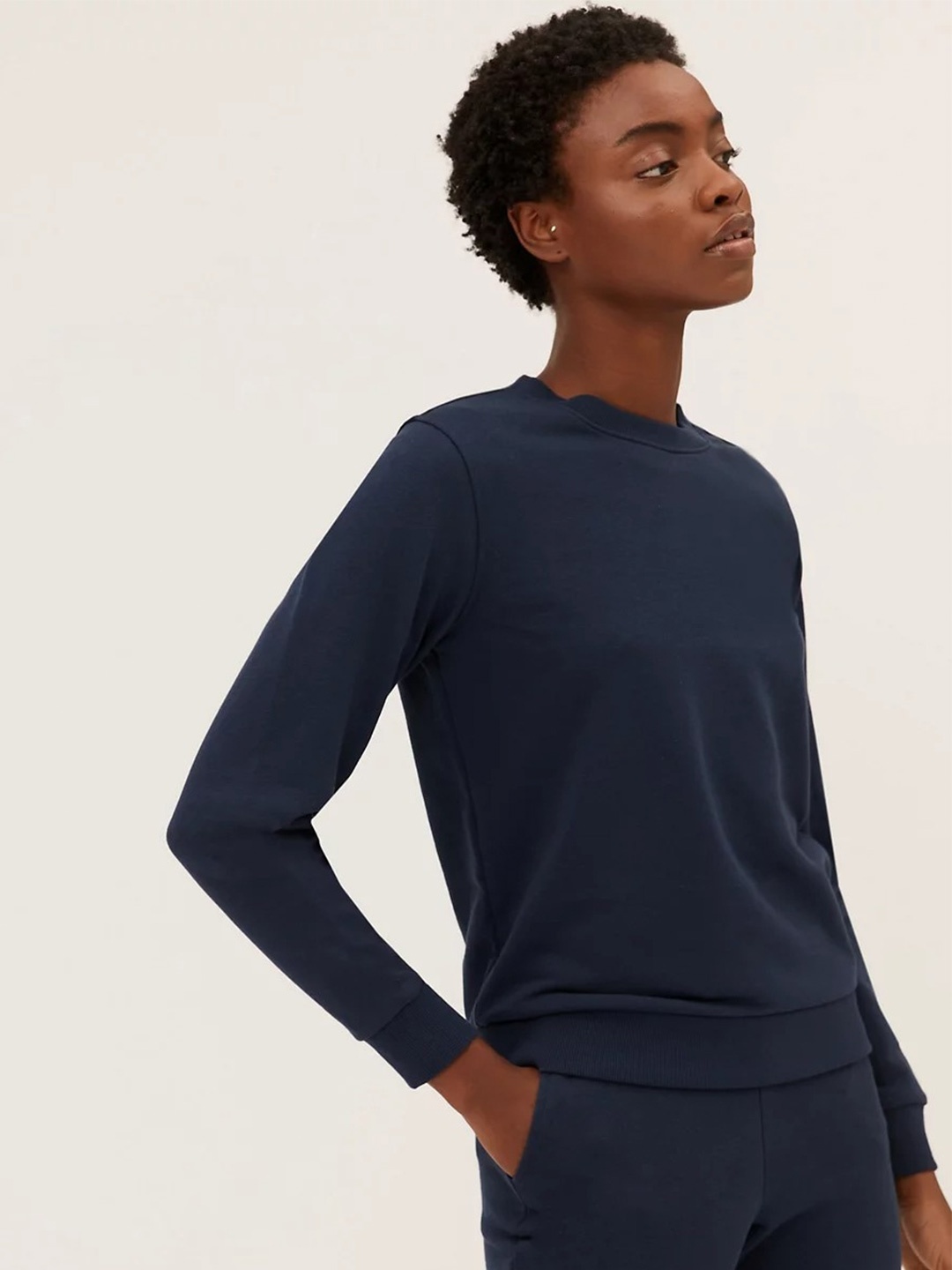 

Marks & Spencer Women Solid Round Neck Sweatshirt, Navy blue