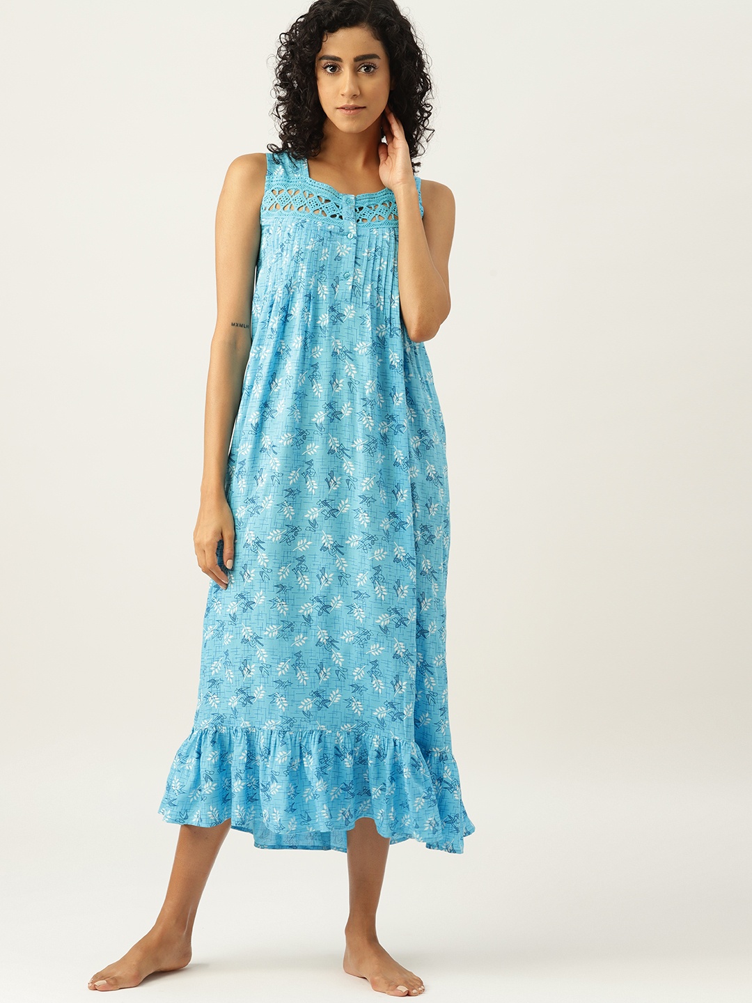 

ETC Printed Lace Inserted Midi Nightdress, Blue