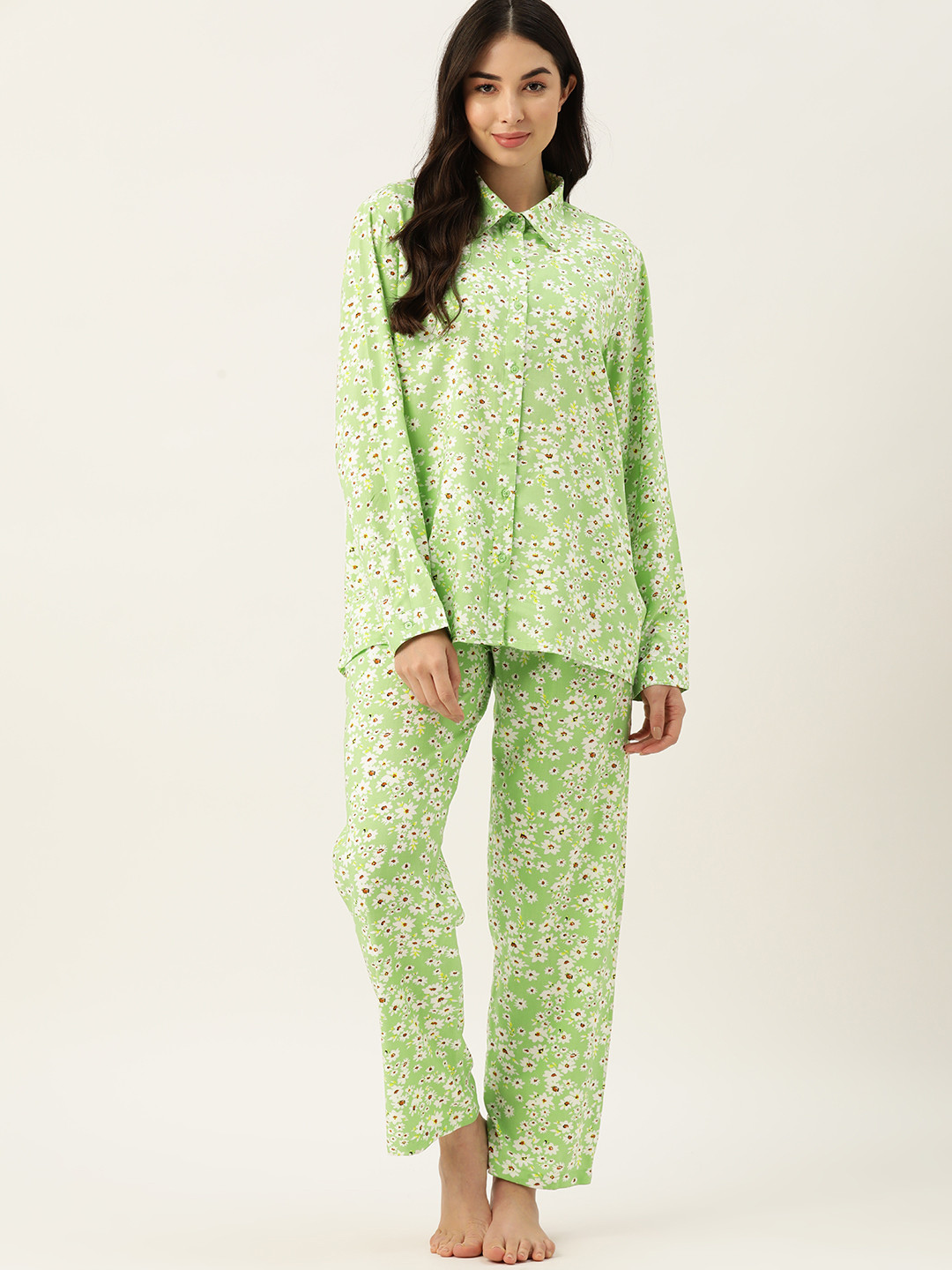 

ETC Women 3 Pcs Floral Printed Night suit set, Green