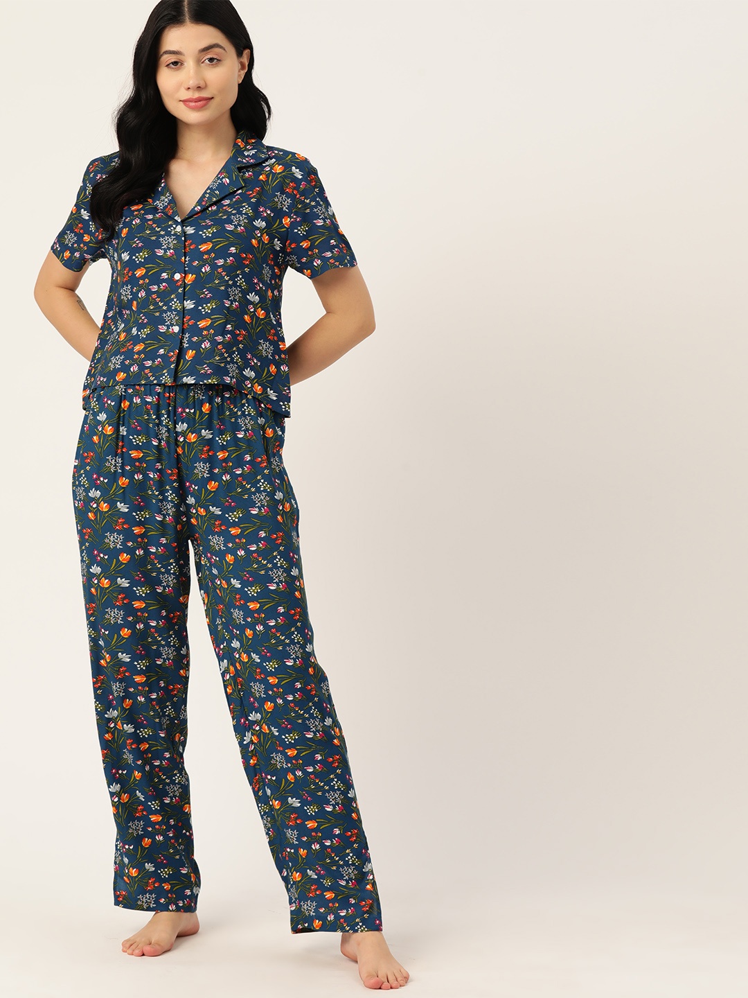

ETC Women Floral Printed Top with Pyjama, Navy blue