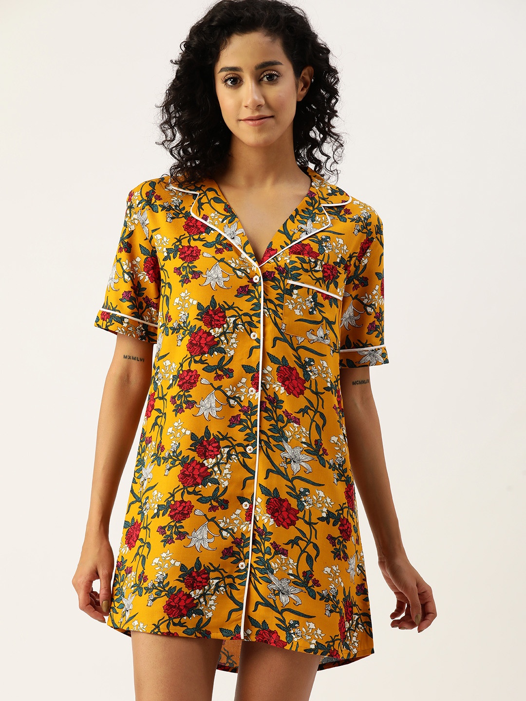 

ETC Women Floral Printed Nightdress, Mustard