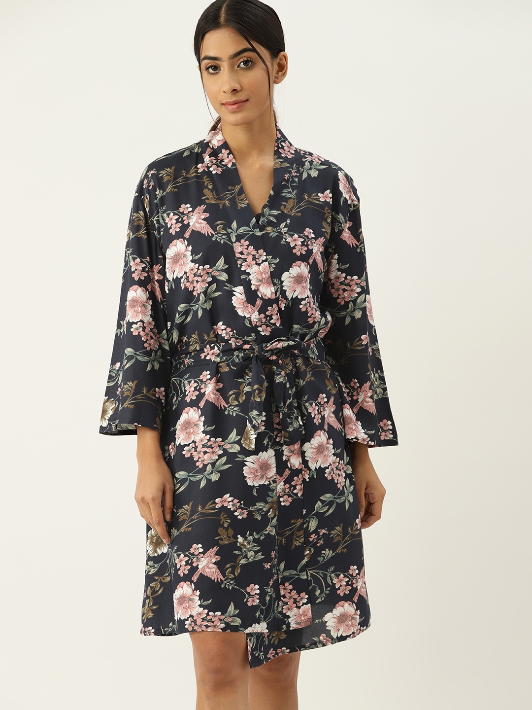 

ETC Floral Print Nightdress with Robe, Navy blue