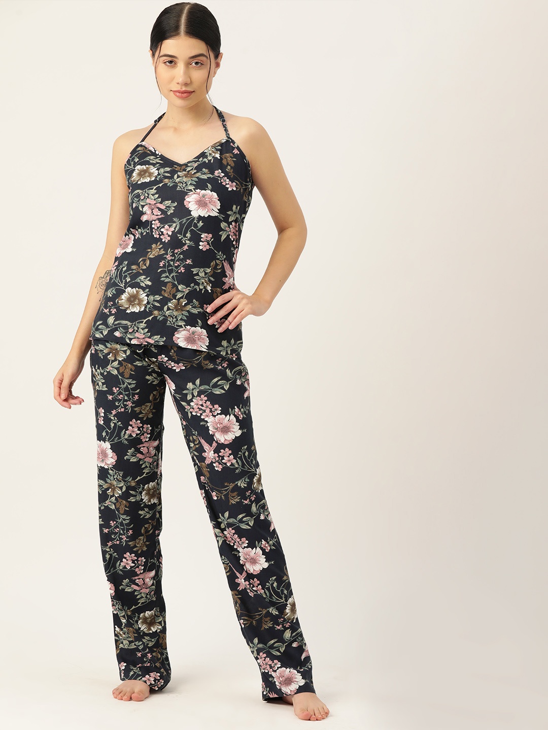 

ETC Women Floral Printed Pyjama Set, Navy blue