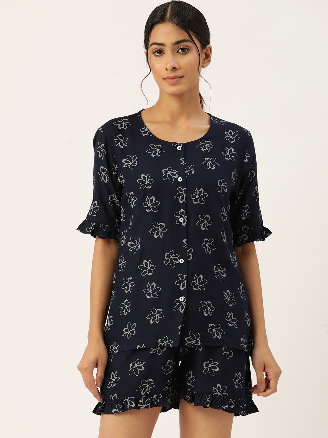 

ETC Women Floral Printed Short Set, Navy blue