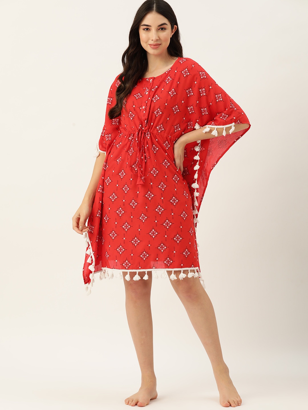 

ETC Women Printed Kaftan Nightdress, Red