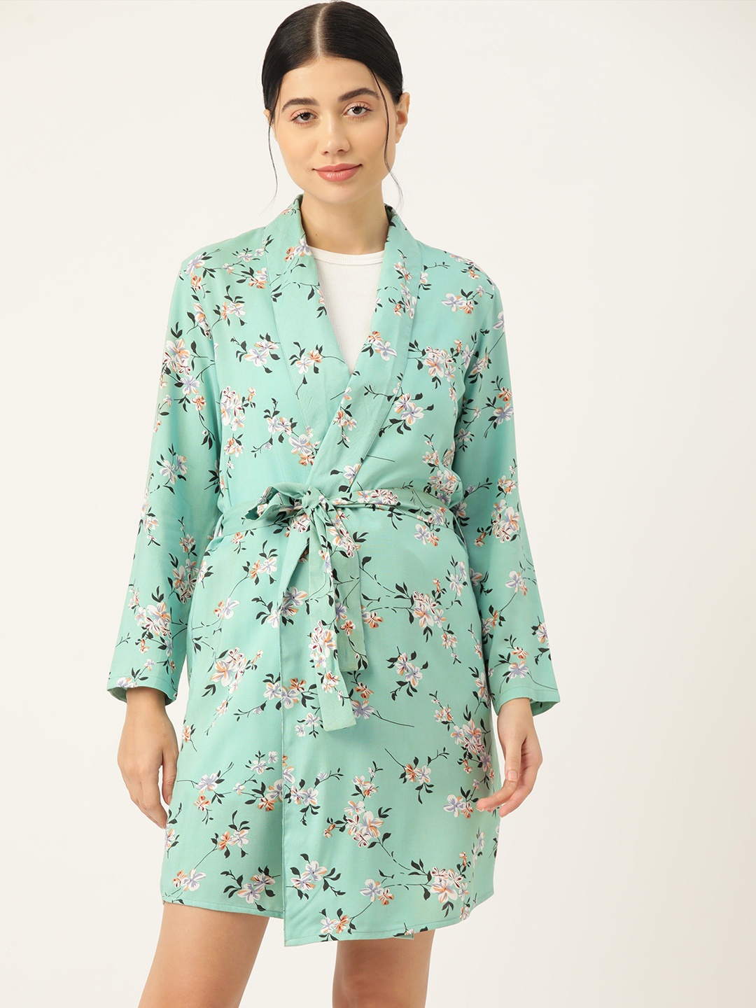 

ETC Women Floral Print Robe with Belt, Sea green