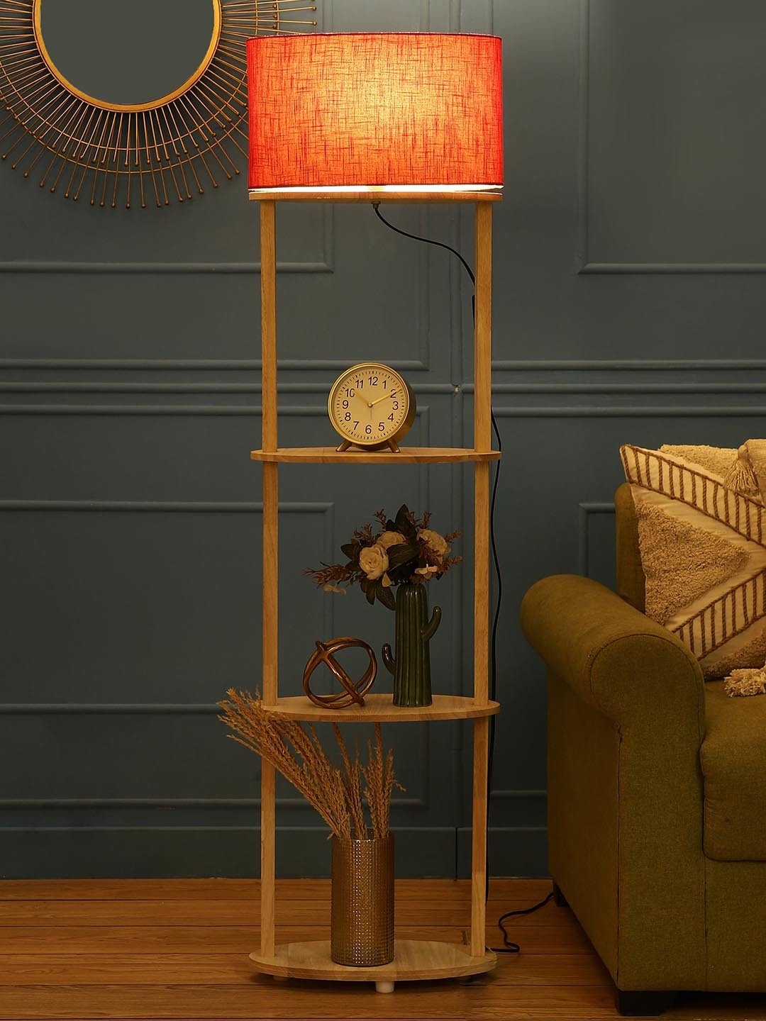 

SANDED EDGE Red & Cream Textured Wooden Floor Lamps With Shade