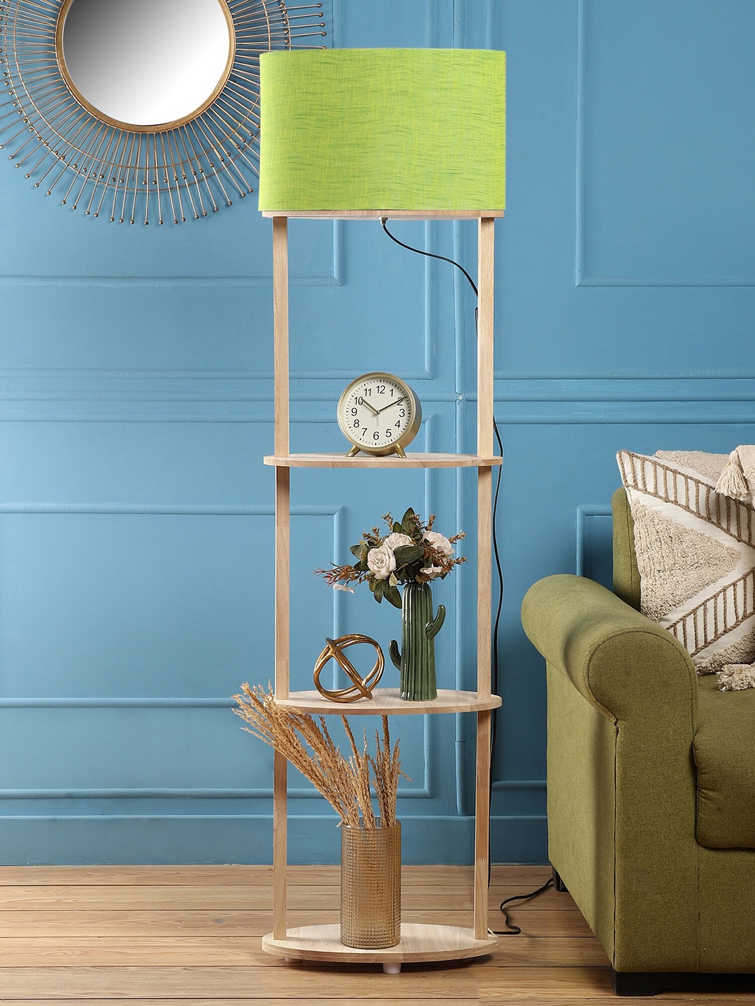 

SANDED EDGE Cream & Green 3-Tier Shelf Storage Floor Lamp With Shade