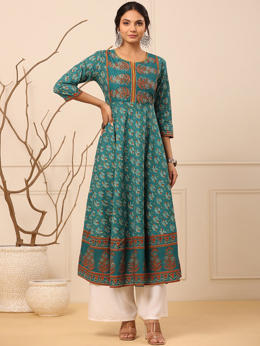 

Rain & Rainbow Floral Printed Cotton Anarkali Kurta, Teal
