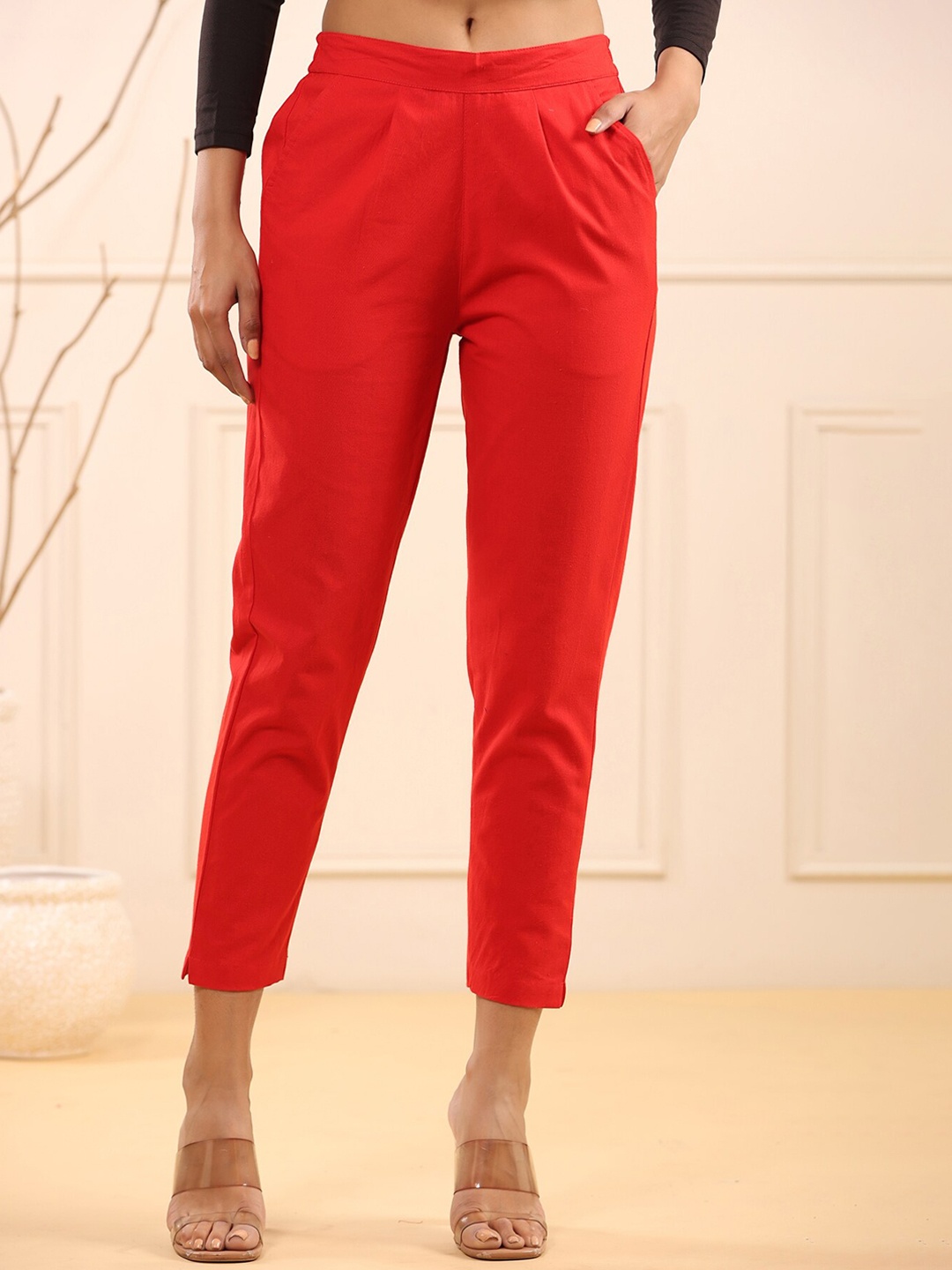 

Rain & Rainbow Women Pleated Cotton Peg Trouser, Red